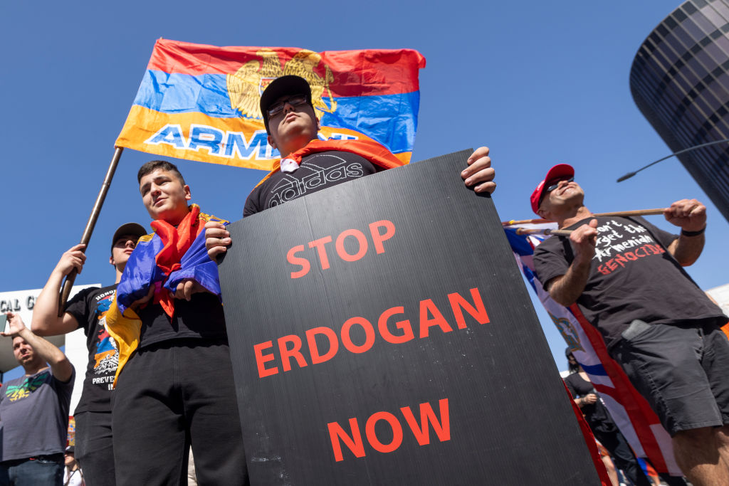 LOS ANGELES, CA - APRIL 24: People join in the Resist Genocide Denial Now protest outside the Turkish consulate on April 24, 2022 in Los Angeles, California. (David McNew—Getty Images)