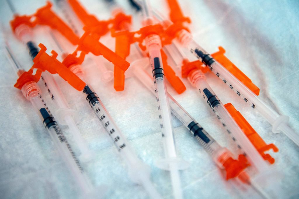 Syringes containing the Moderna COVID-19 vaccination for children 6 months to 5 years old, at Temple Beth Shalom in Needham, Massachusetts, on June 21, 2022. (Joseph Prezioso—AFP/ Getty Images)