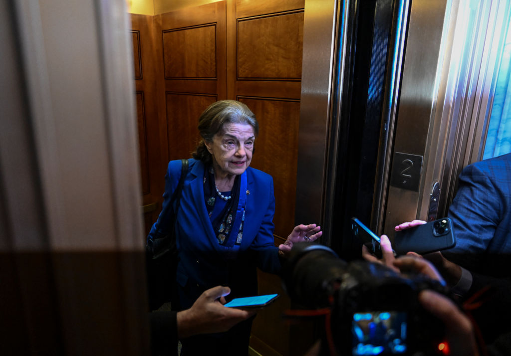 Sen. Dianne Feinstein (D-CA) is mobbed by reporters as she enters an elevator at the U.S. Capitol on February 14, 2023 in Washington, D.C. (Ricky Carioti—The Washington Post/Getty Images)
