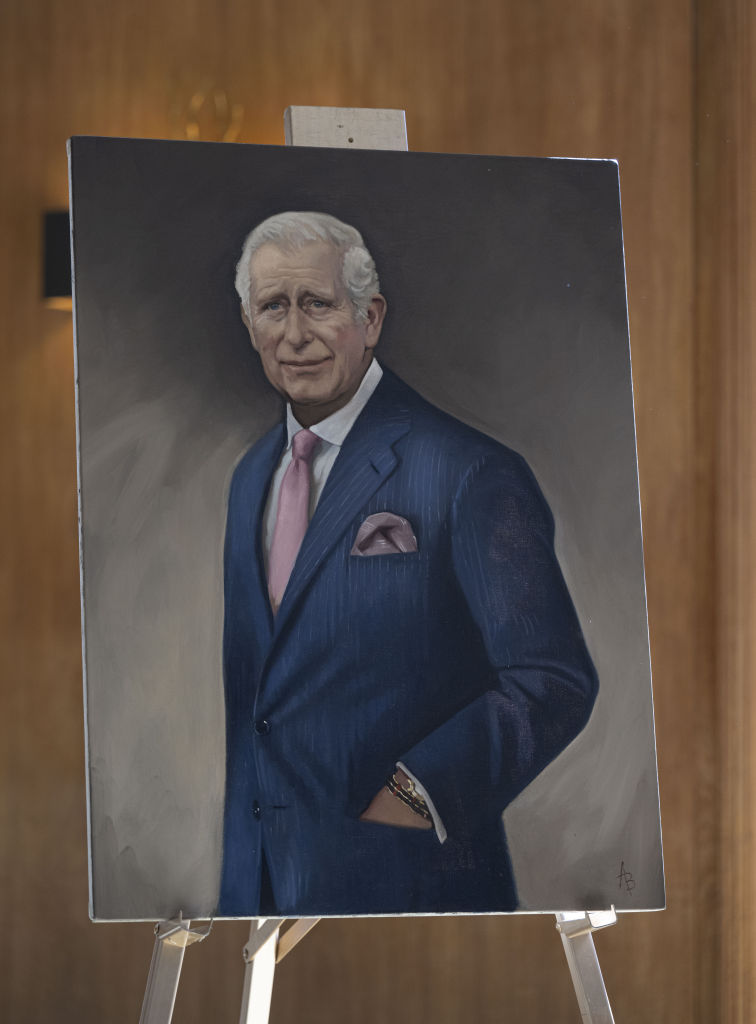 The first portrait of King Charles III by artist Alastair Barford is unveiled in London, United Kingdom on April 4, 2023.