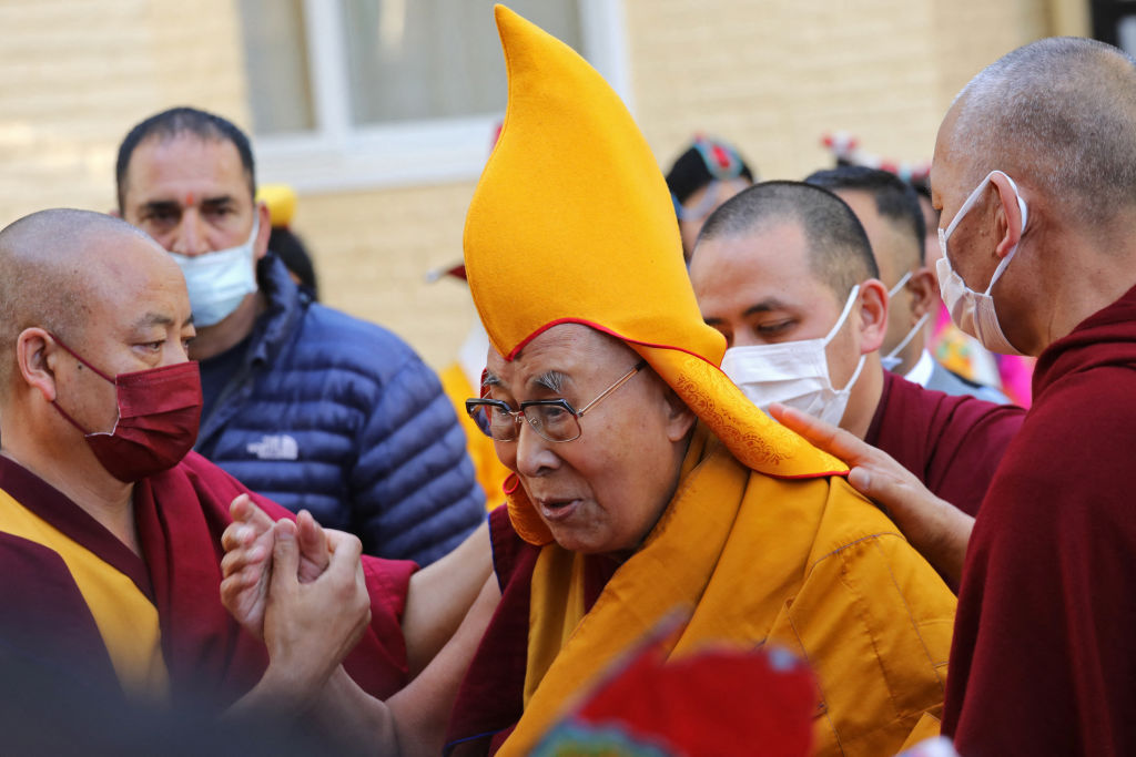 Tibetan spiritual leader Dalai Lama attends a prayer at the Main Tibetan Temple in McLeod Ganj on April 5, 2023. (AFP—Getty Images)