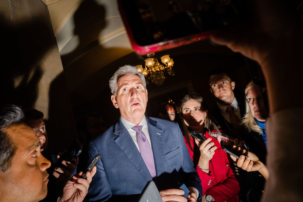House Speaker Kevin McCarthy with reporters after leaving the House Floor on Wednesday, April 19, 2023 in Washington, DC (Kent Nishimura—Los Angeles Times via Getty Images)