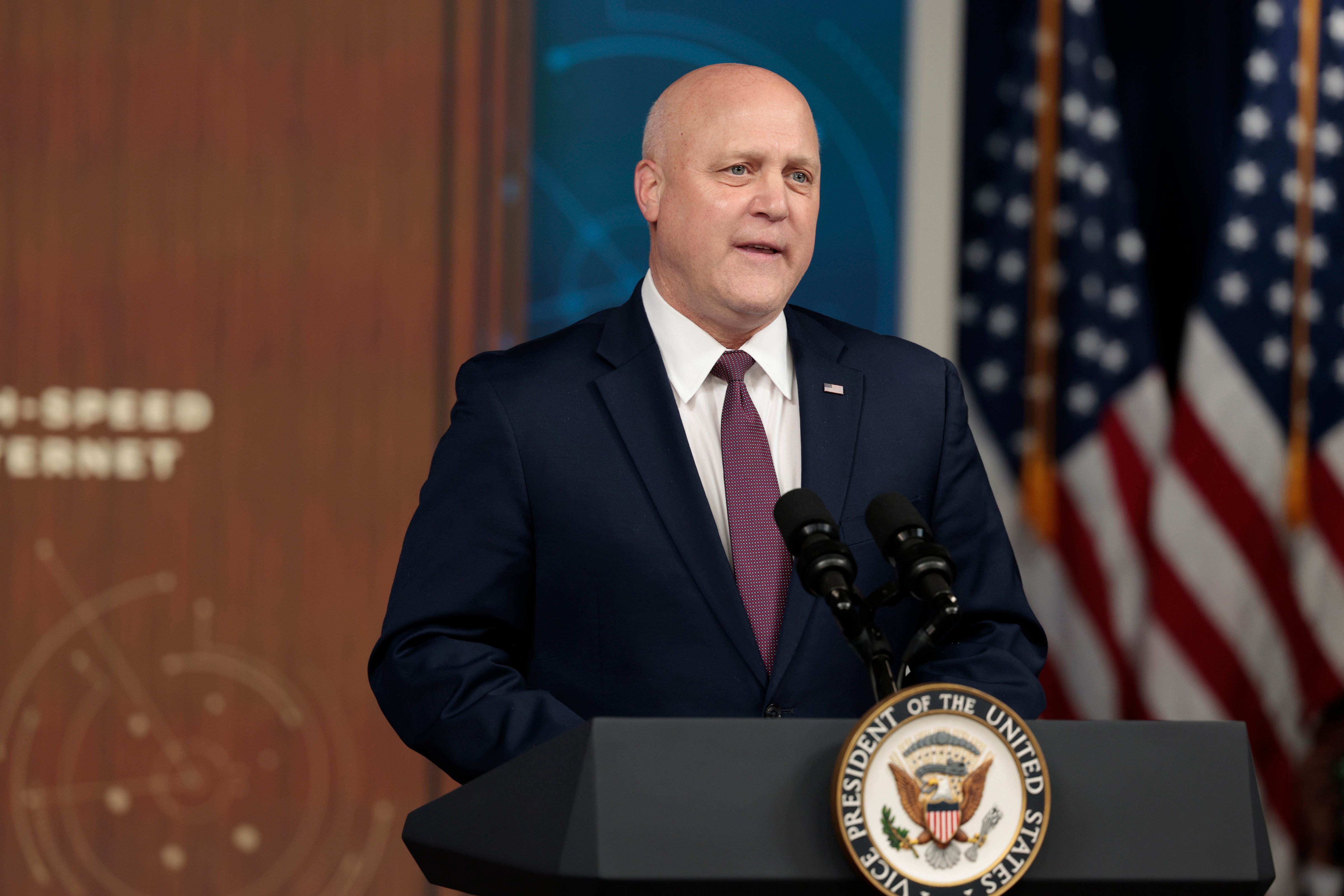 White House Infrastructure Act Implementation Coordinator Mitch Landrieu delivers remarks on the Biden administration’s Affordable Connectivity Program at the South Court Auditorium at Eisenhower Executive Office Building on February 14, 2022. (Anna Moneymaker–Getty Images)
