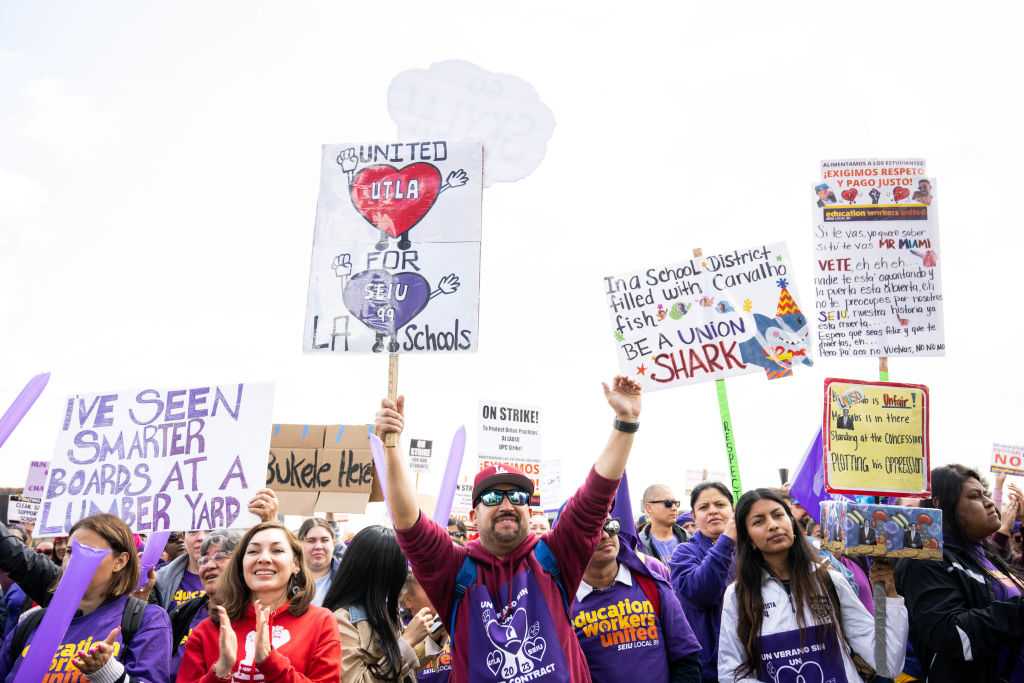 LAUSD teachers join school support staff in their fight for better wages at LA State Historic Park in downtown Los Angeles during the SEIU/UTLA strike on Thursday, March 23, 2023. (Sarah Reingewirtz—MediaNews Group/Los Angeles Daily News/Getty Images)