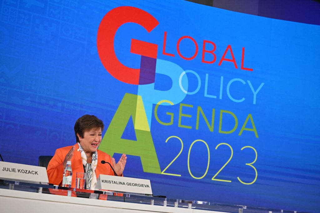 International Monetary Fund (IMF) Managing Director, Kristalina Georgieva, speaks at a press briefing on the global policy agenda during the International Monetary Fund (IMF) and World Bank Spring Meetings on April 13. (Mandel Ngan / AFP via Getty Images)