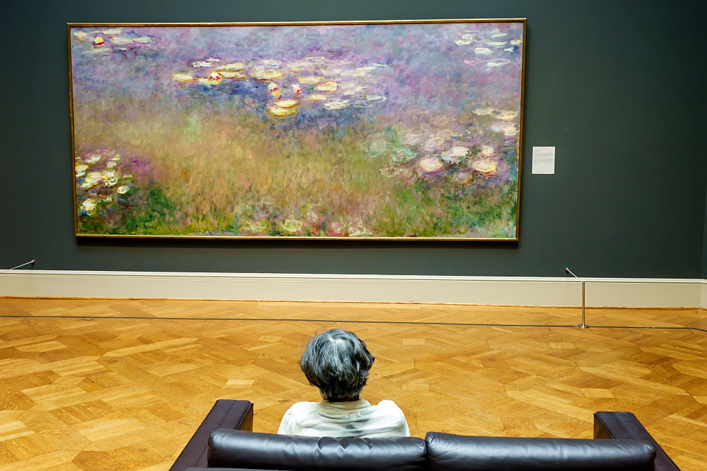A woman looking at an oil painting called Water Lillies by Claude Monet in Saint Louis Art Museum.