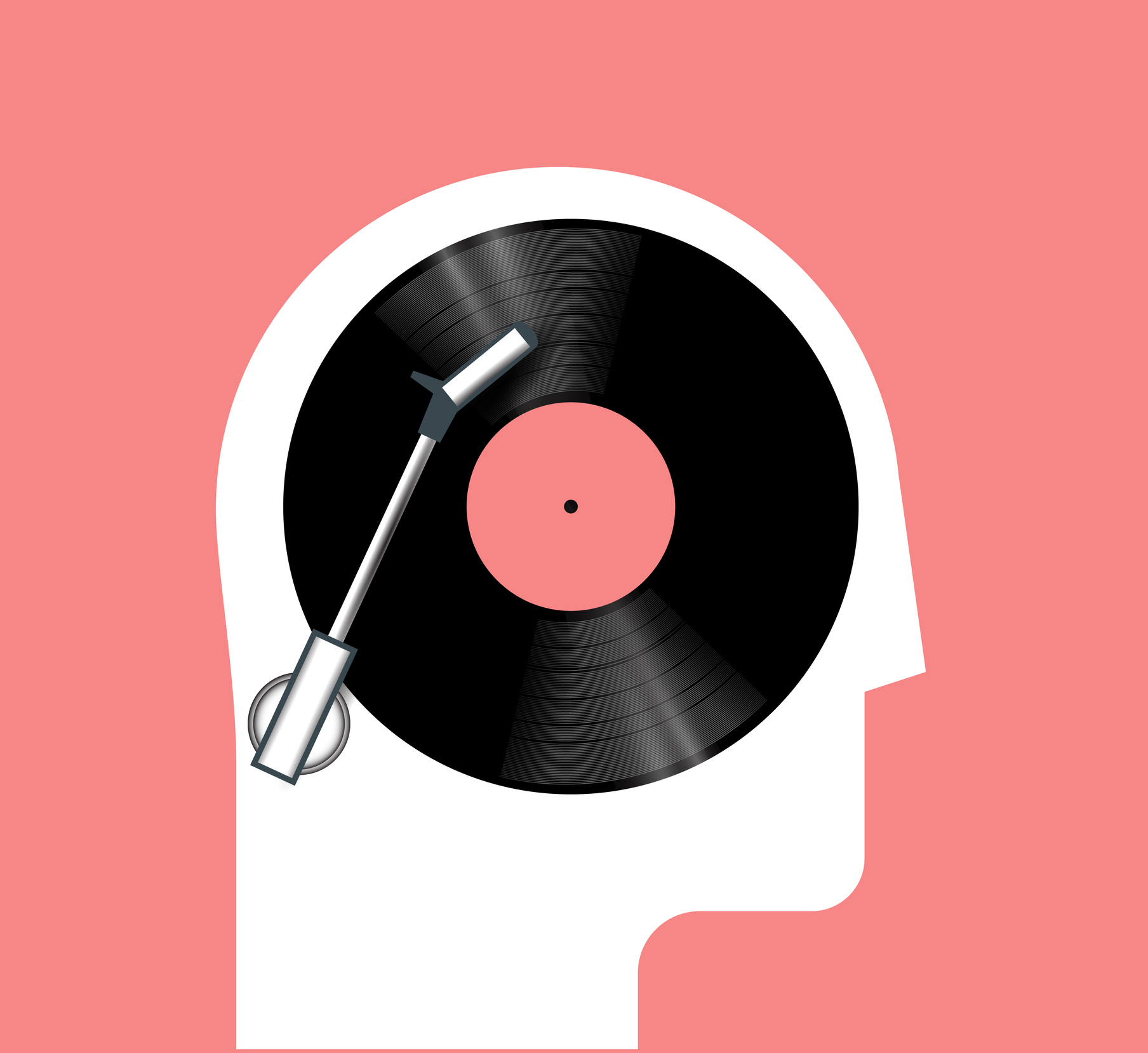 Music listening concept with side view human head silhouette and vinyl disc inside. Musical poster or banner concept. Isolated on red background. Minimalistic vector illustration.