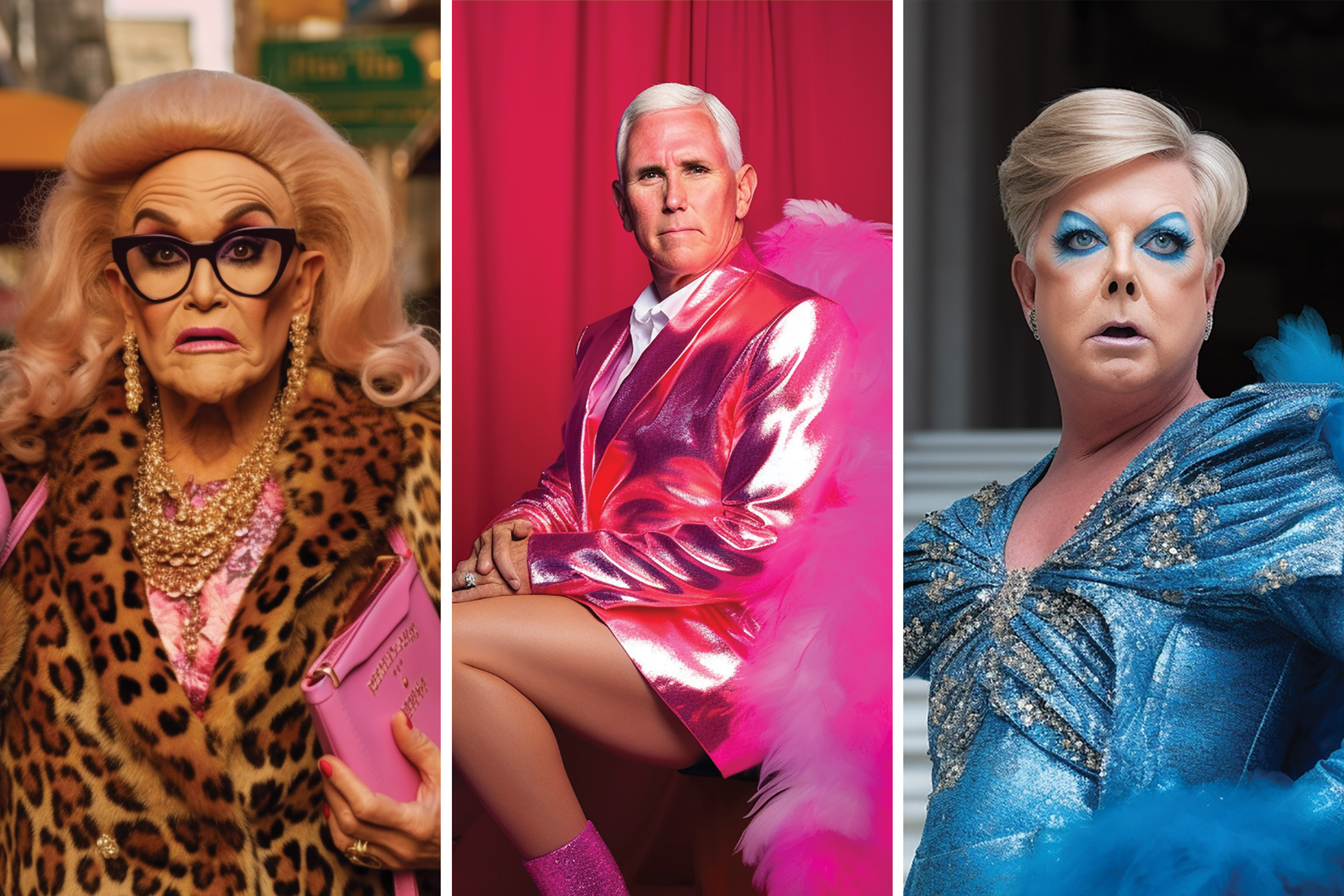 AI-generated images of former New York City mayor Rudy Giuliani, former vice president Mike Pence and Senator Lindsey Graham dressed in drag. (@RuPublicans / MidJourney (3))