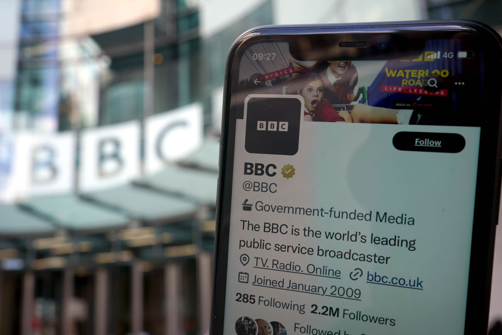 A view of the Twitter page for the main @BBC account, as Twitter owner Elon Musk has said the social media site will update the BBC's "government-funded media" tag after the broadcaster objected to the label. (Yui Mok—PA Images/Getty Images)