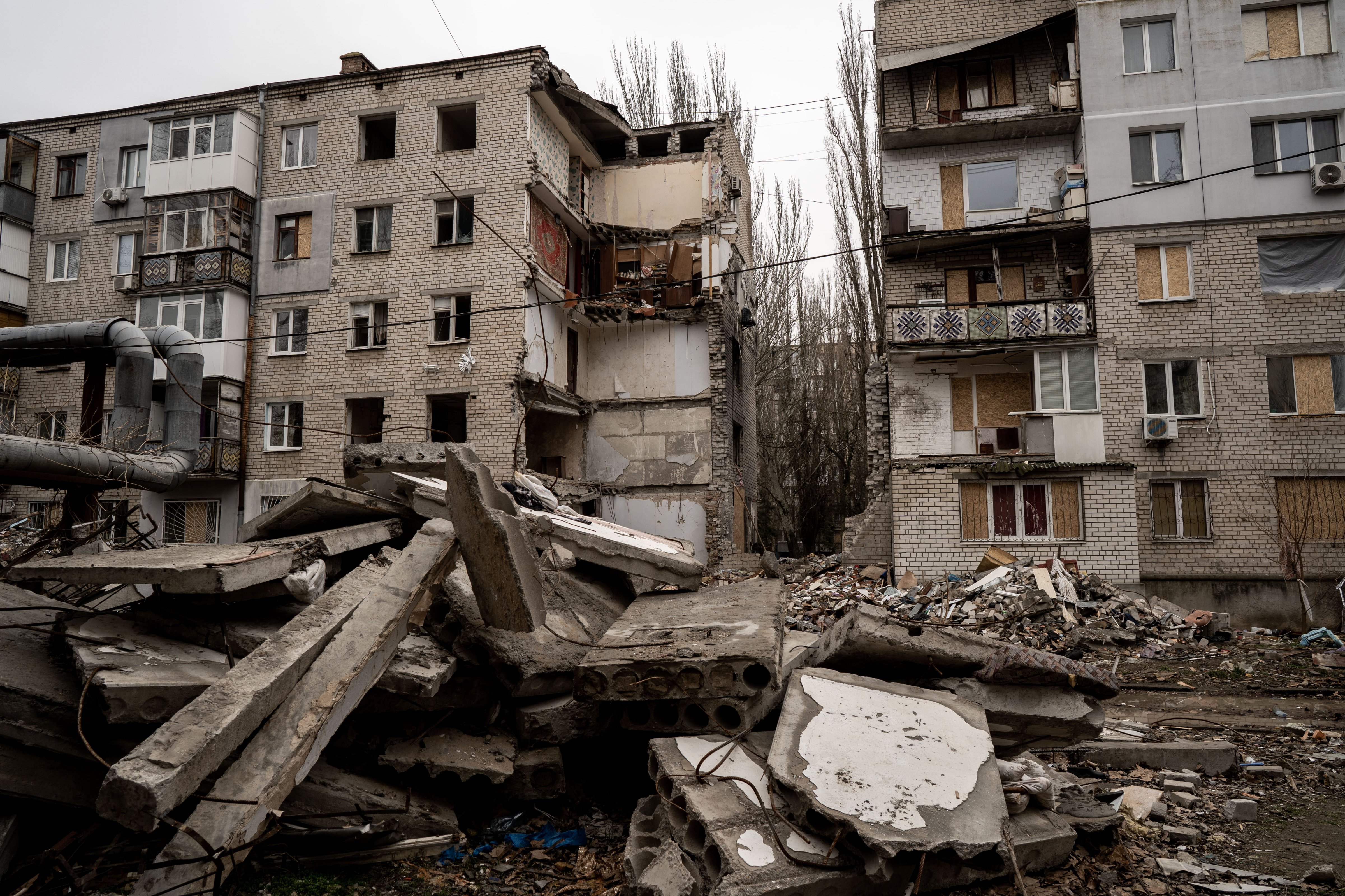 Damaged buildings are seen after Russian S-300 missile attack Mykolaiv Oblast, Ukraine on Feb. 26, 2023. (Vincenzo Circosta—Anadolu Agency/Getty Images)
