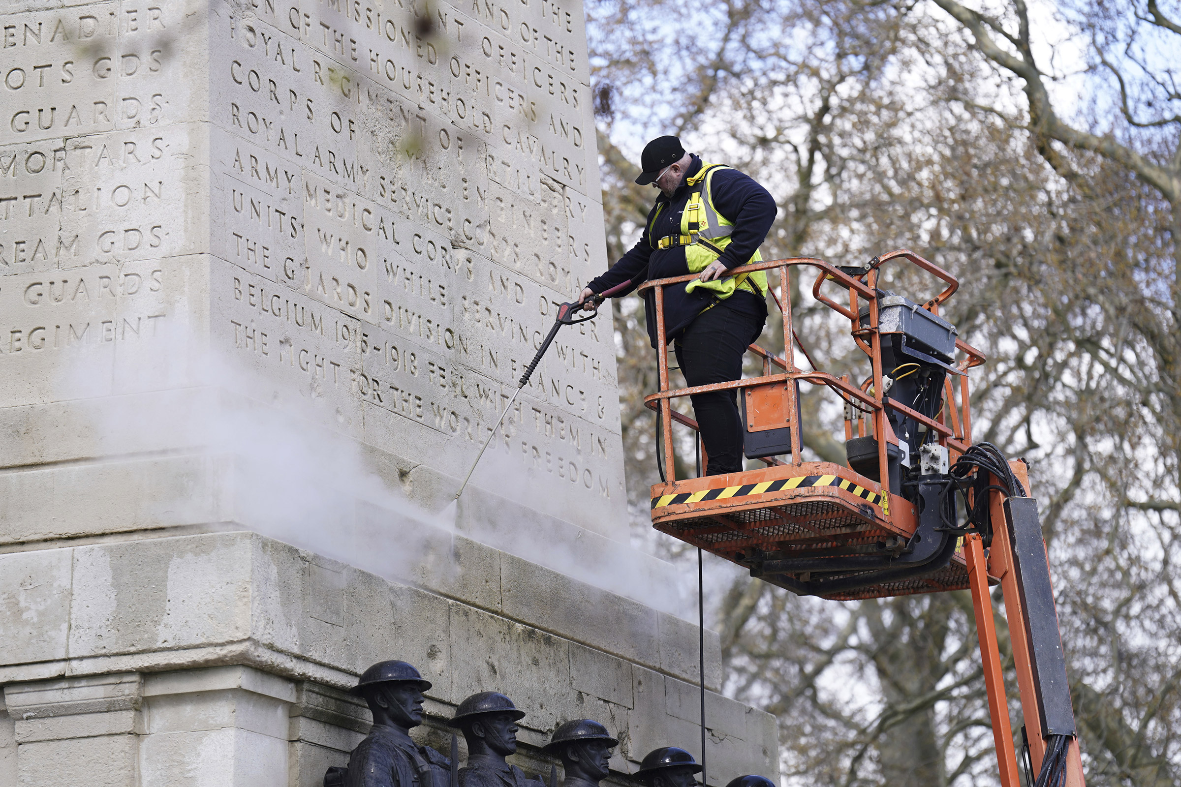 A monument is cleaned near Horse Guards Parade, London, April 13.  (PA Images/AP)