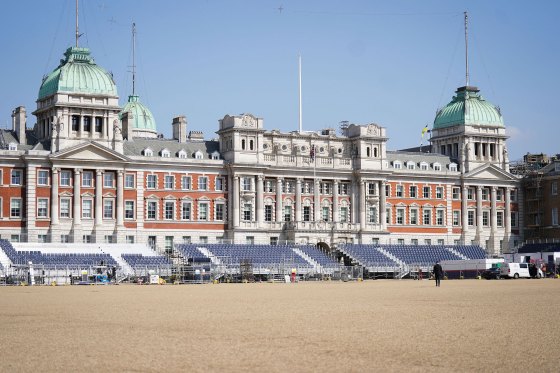 Seating surrounds Horse Guards Parade, London, where preparations are underway on April 17, 2023 for the coronation of King Charles III and the Queen Consort on May 6.