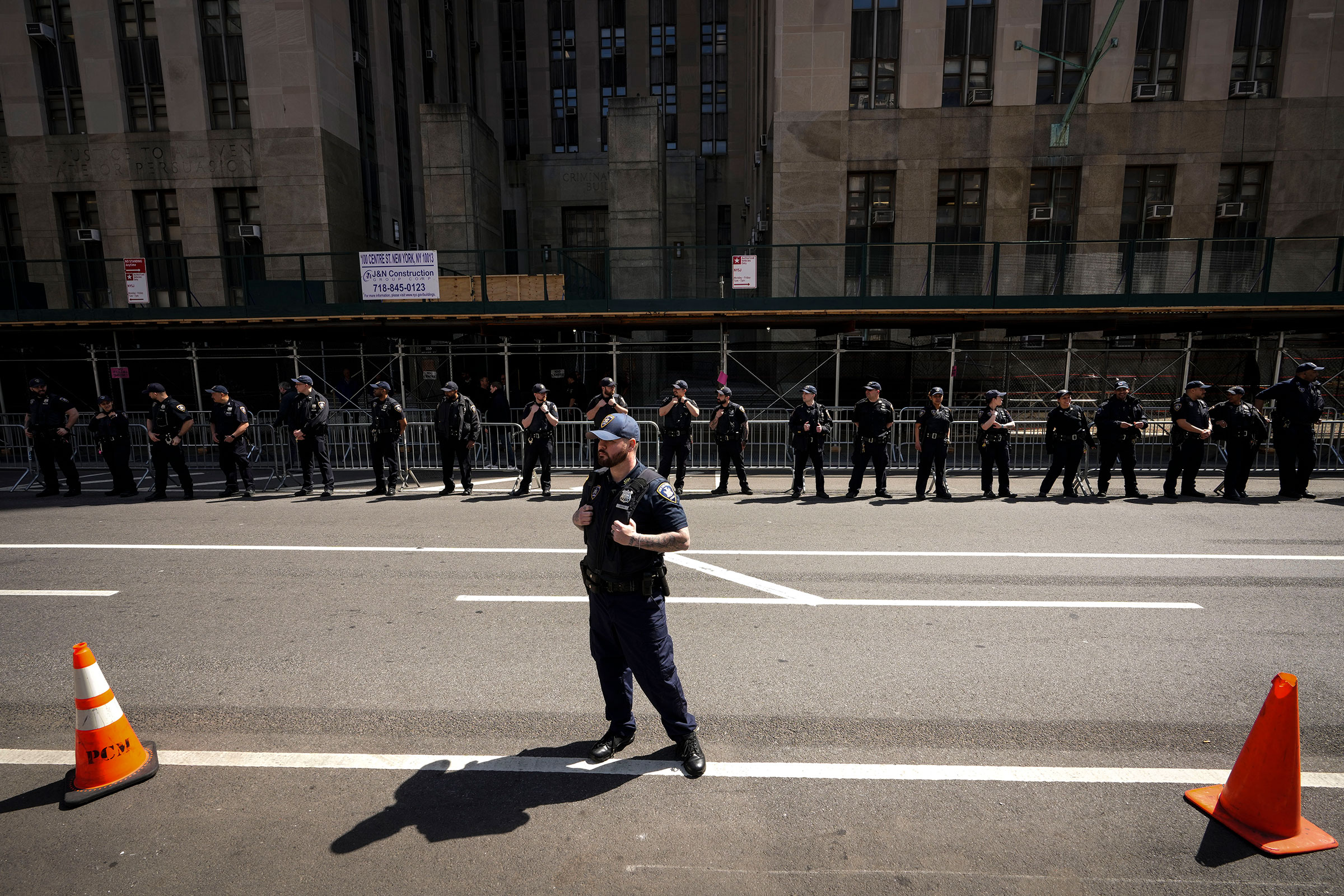 Court police line the outside of Manhattan Criminal Courthouse during an arraignment hearing for former President Donald Trump on April 4, 2023.
