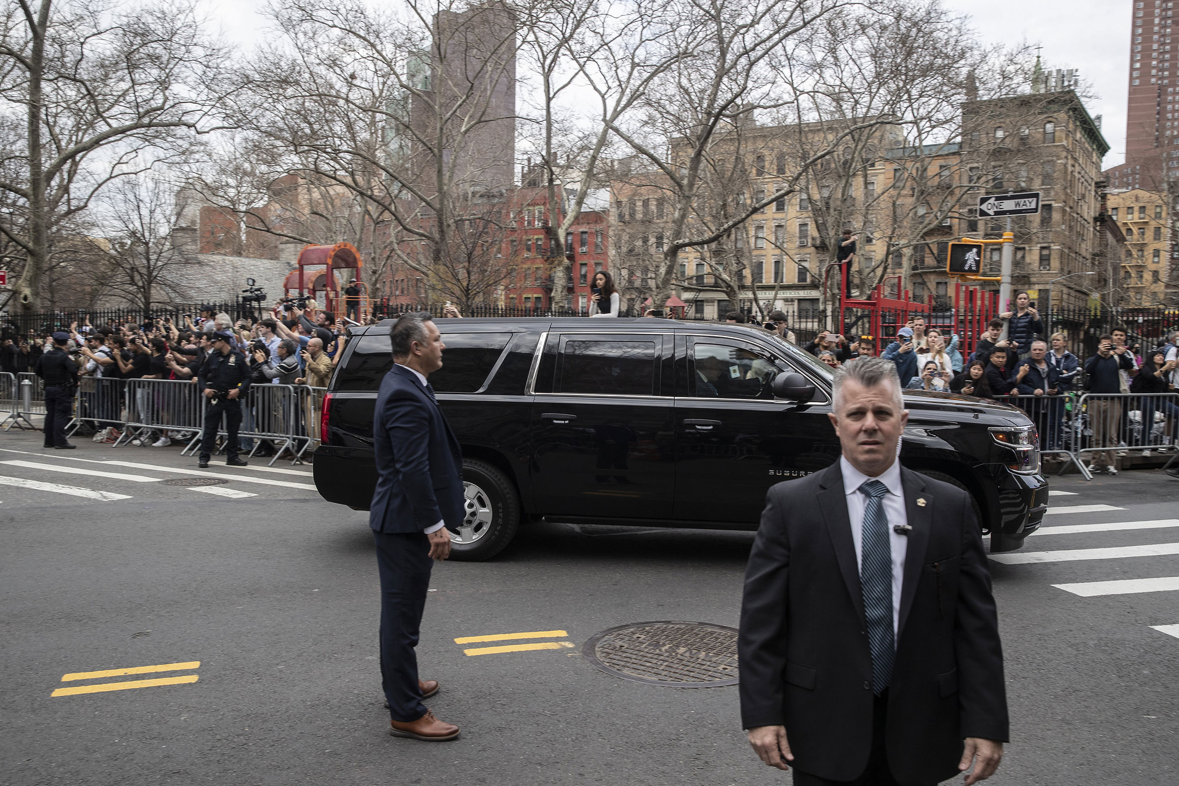 A motorcade, carrying former President Donald Trump, leaves criminal court in New York City, on April 4, 2023.