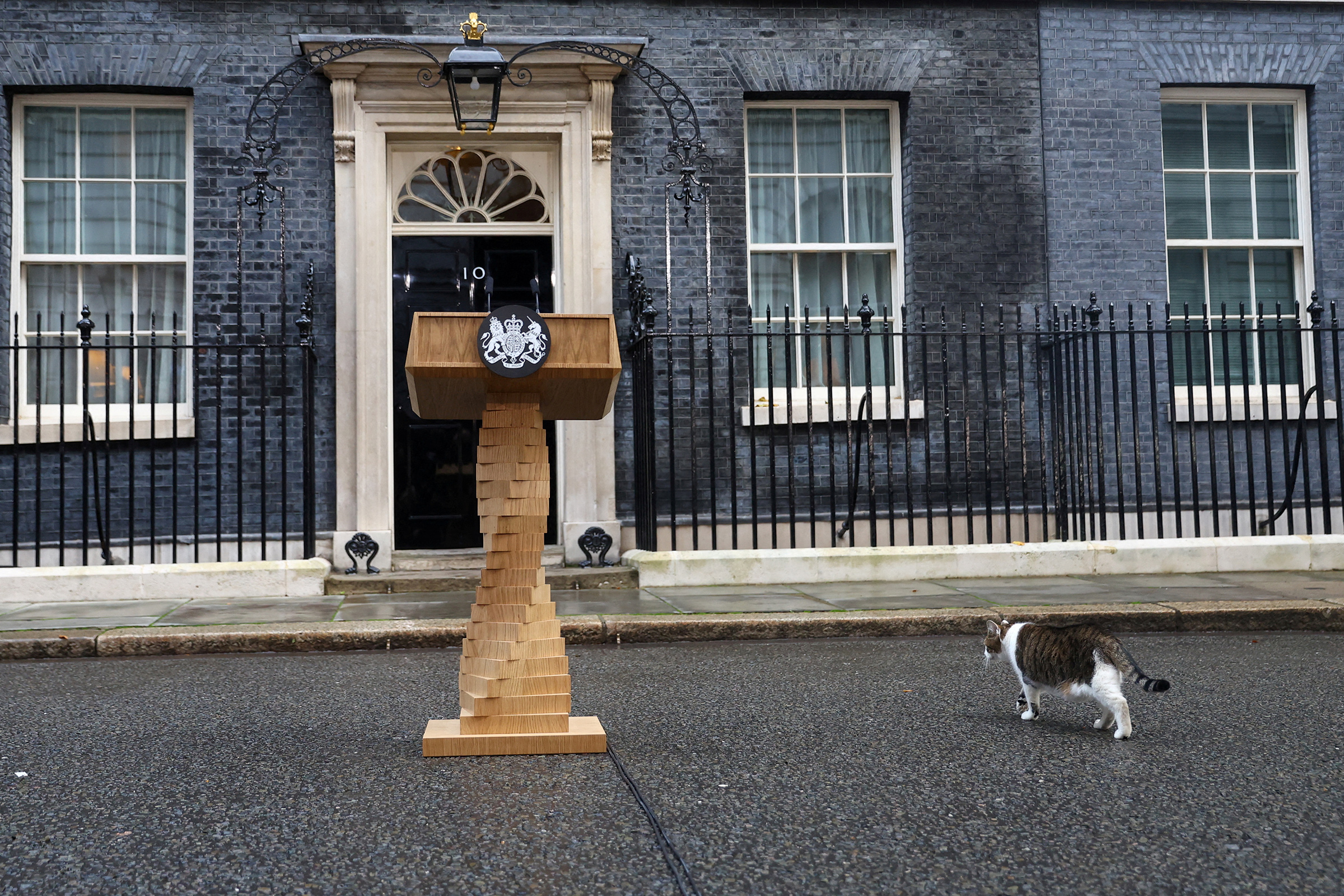 Larry the cat walks outside 10 Downing Street on Liz Truss' last day in office as U.K. Prime Minister on Oct. 25, 2022. (Hannah McKay—Reuters)