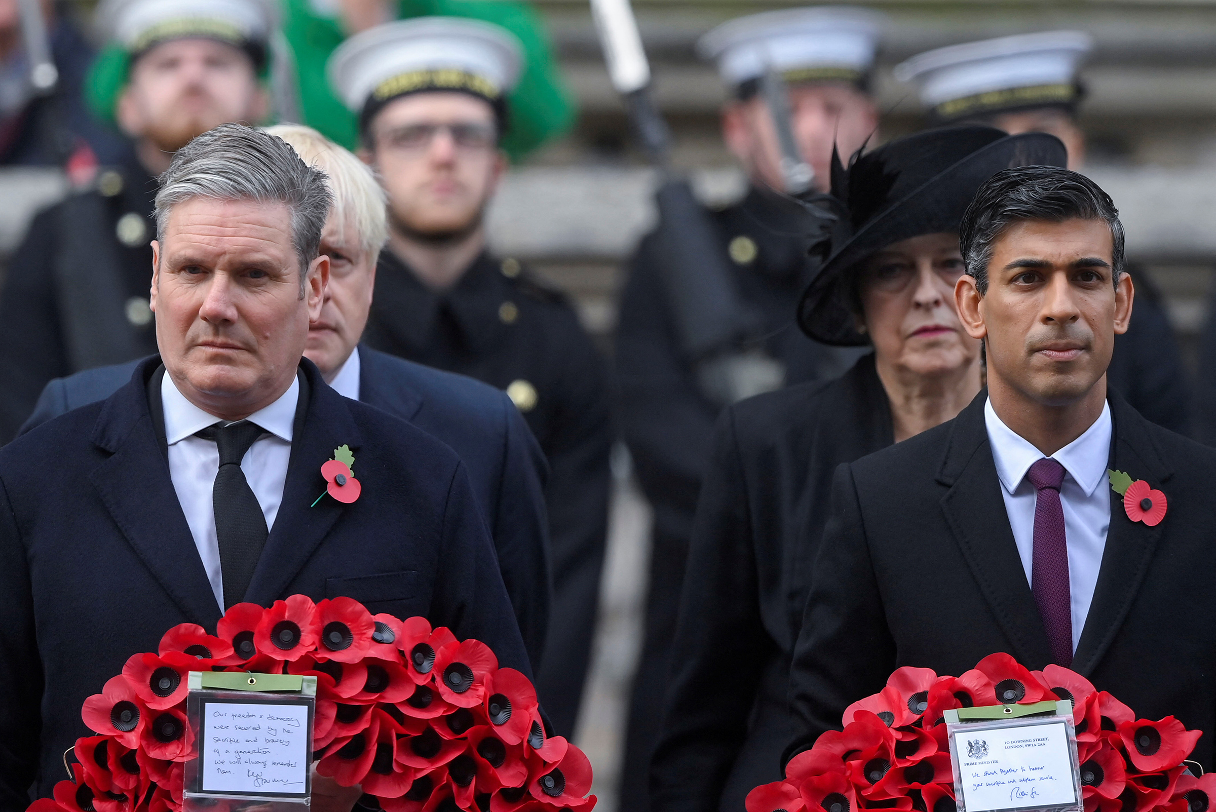 Starmer, British Prime Minister Rishi Sunak, former Prime Ministers Boris Johnson and Theresa May attend the Remembrance Sunday ceremon in London on Nov. 13, 2022. (Toby Melville—Pool/Reuters)