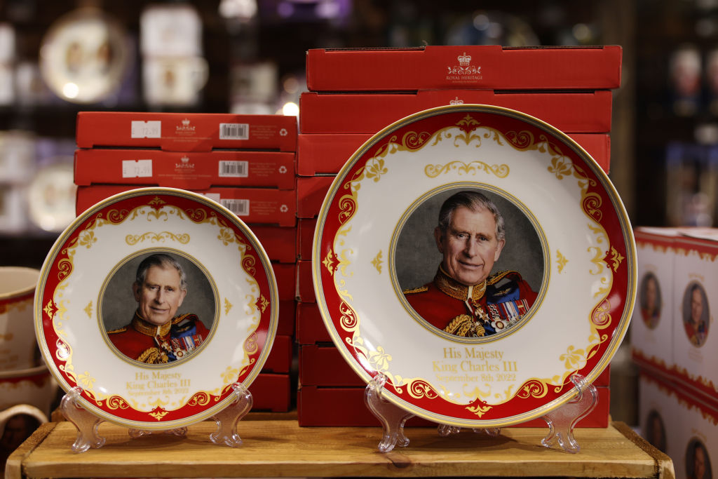 King Charles III plates for sale ahead of his Coronation on April 9, 2023 in London. (Hollie Adams—Getty Images)