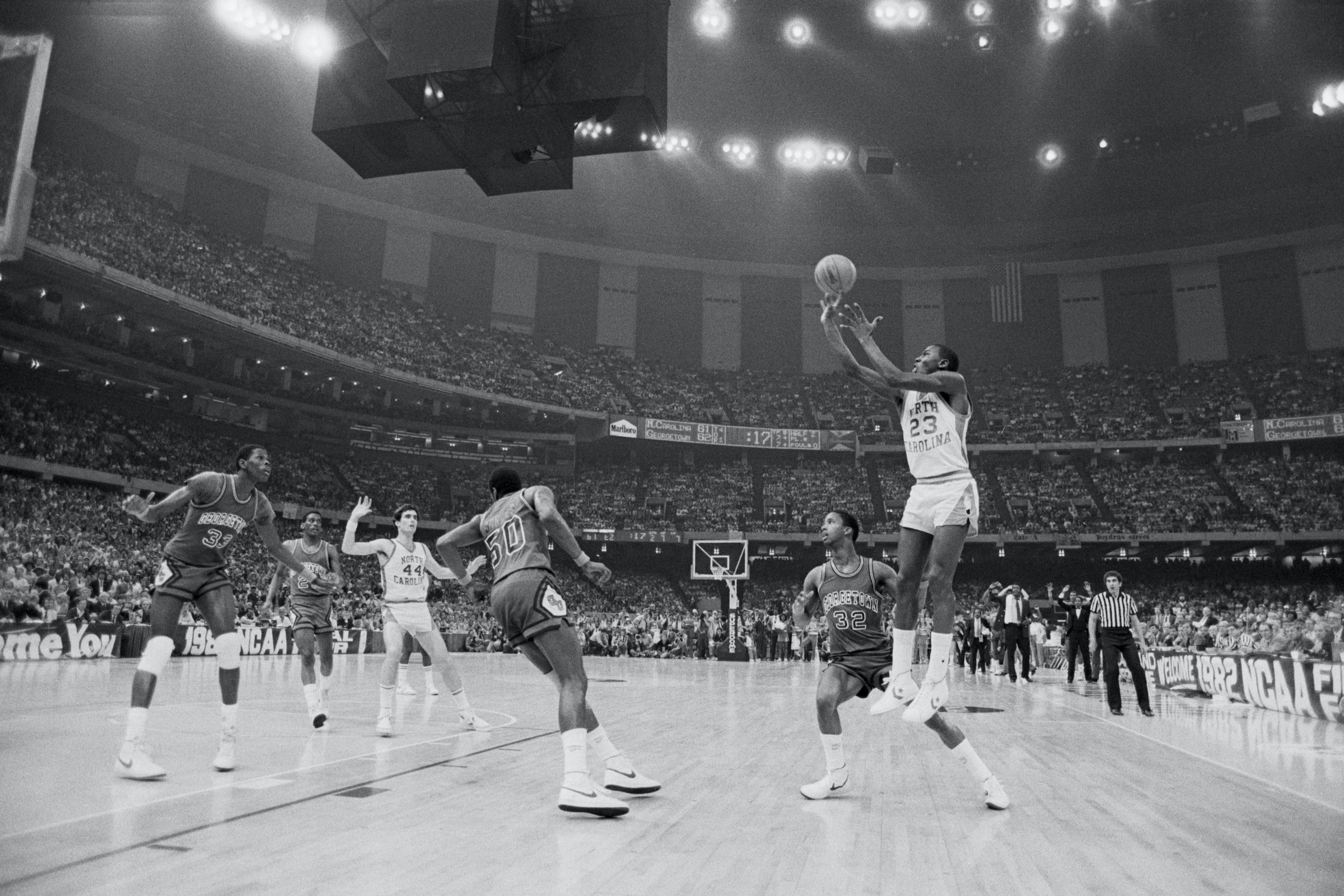University of North Carolina basketball player Michael Jordan shoots the winning basket in the 1982 NCAA Finals against Georgetown University. (Bettmann Archive/Getty)