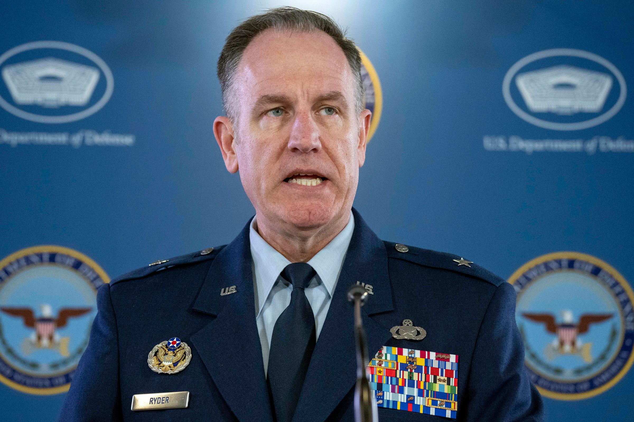 Pentagon spokesman U.S. Air Force Brig. Gen. Patrick Ryder speaks during a media briefing at the Pentagon on April 13, 2023.