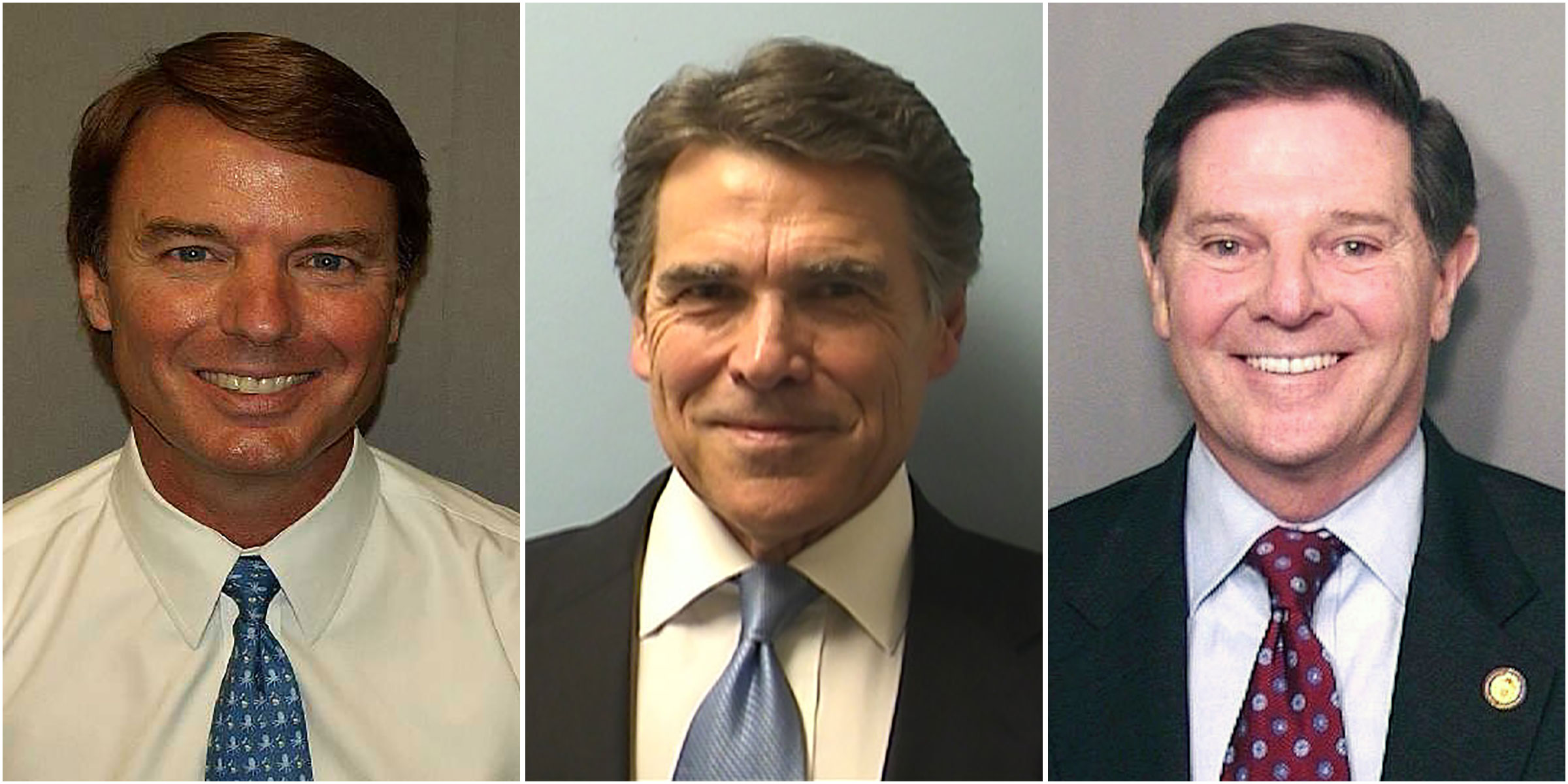 Mug shots of John Edwards, Rick Perry, and Tom DeLay. (U.S Marshal’s Service/Abaca Press/Reuters; Travis County Sheriff’s Office/Getty Images; Getty Images)