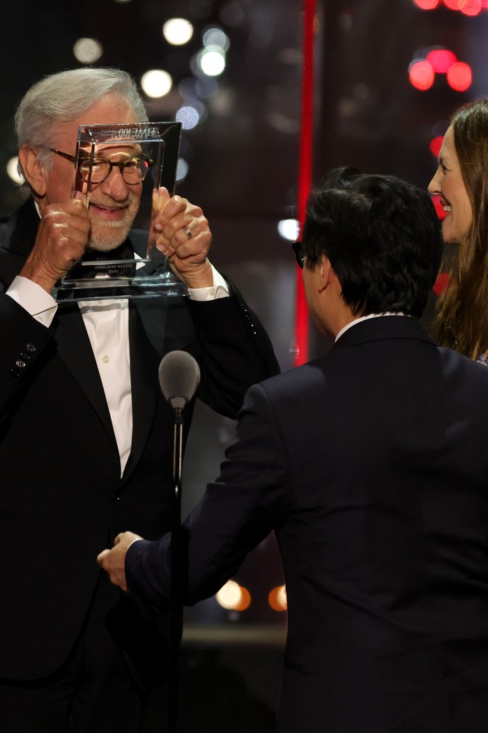 Actors Ke Huy Quan and Drew Barrymore present Steven Spielberg with the TIME100 Impact Award at the 2023 TIME100 Gala at Lincoln Center in New York on April 26, 2023.