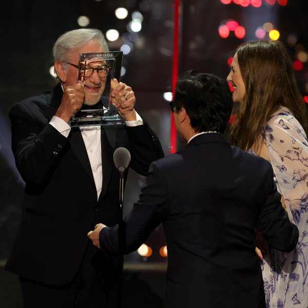 Actors Ke Huy Quan and Drew Barrymore present Steven Spielberg with the TIME100 Impact Award at the 2023 TIME100 Gala at Lincoln Center in New York on April 26, 2023.
