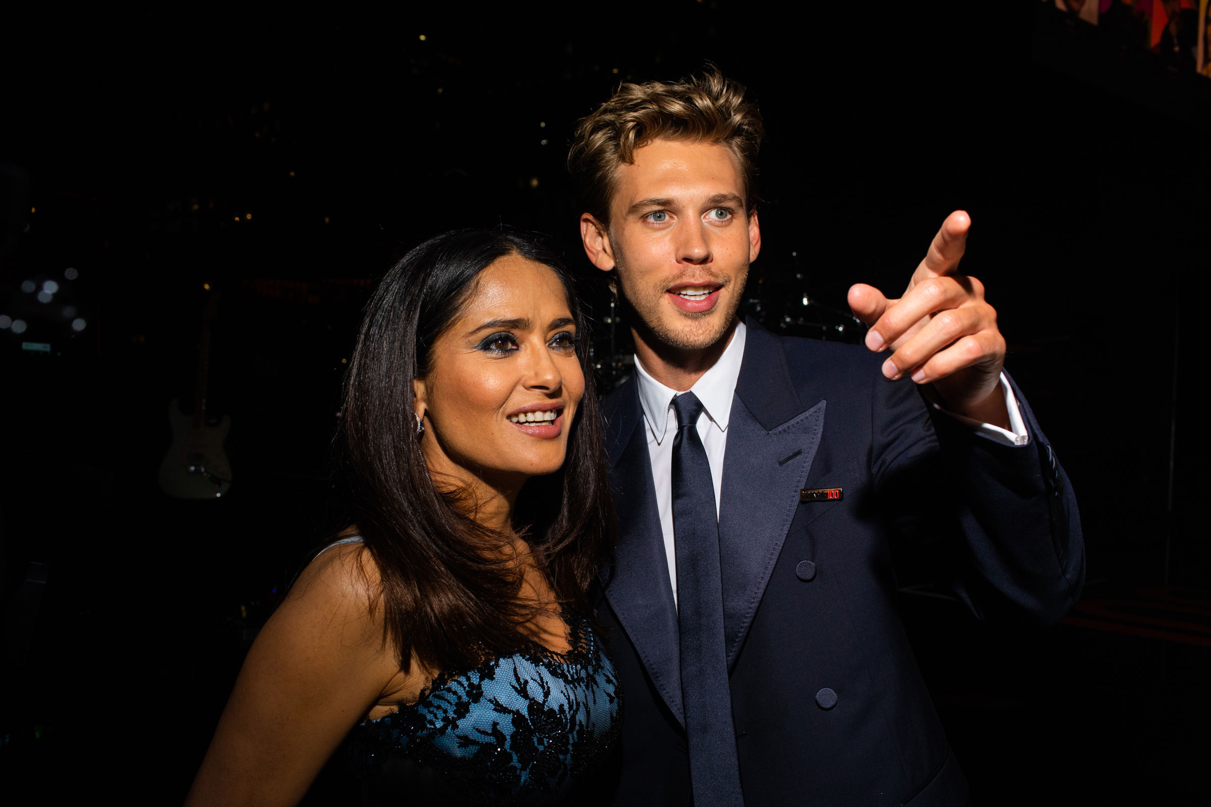 Salma Hayek Pinault and Austin Butler attend the TIME 100 Gala at Jazz at Lincoln Center in New York City, on April 26, 2023. (Landon Nordeman for TIME)