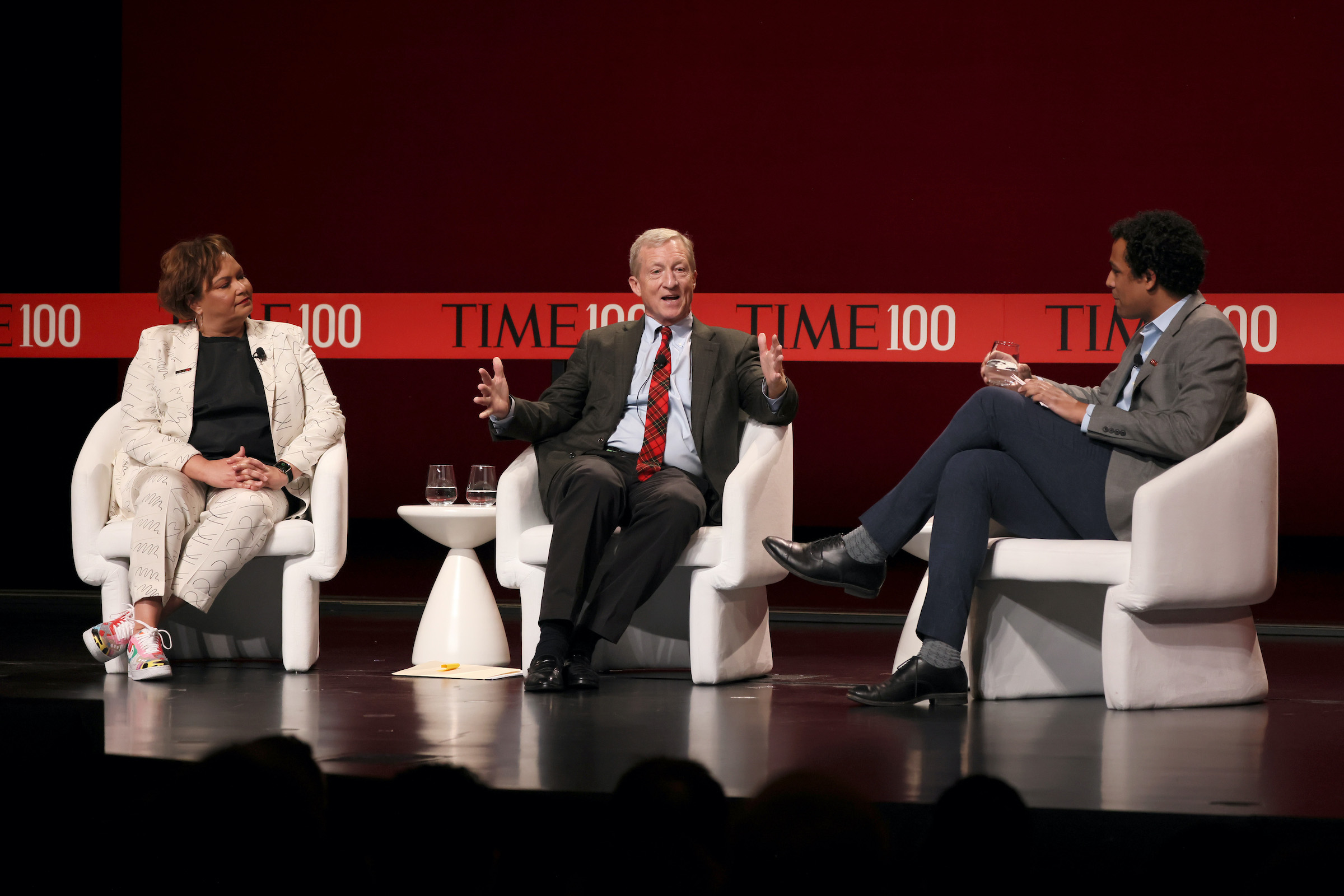 Lisa P. Jackson, Tom Steyer and Justin Worland speak onstage at the 2023 TIME100 Summit at Jazz at Lincoln Center on April 25, 2023 in New York City. (Jemal Countess/Getty Images for TIME)