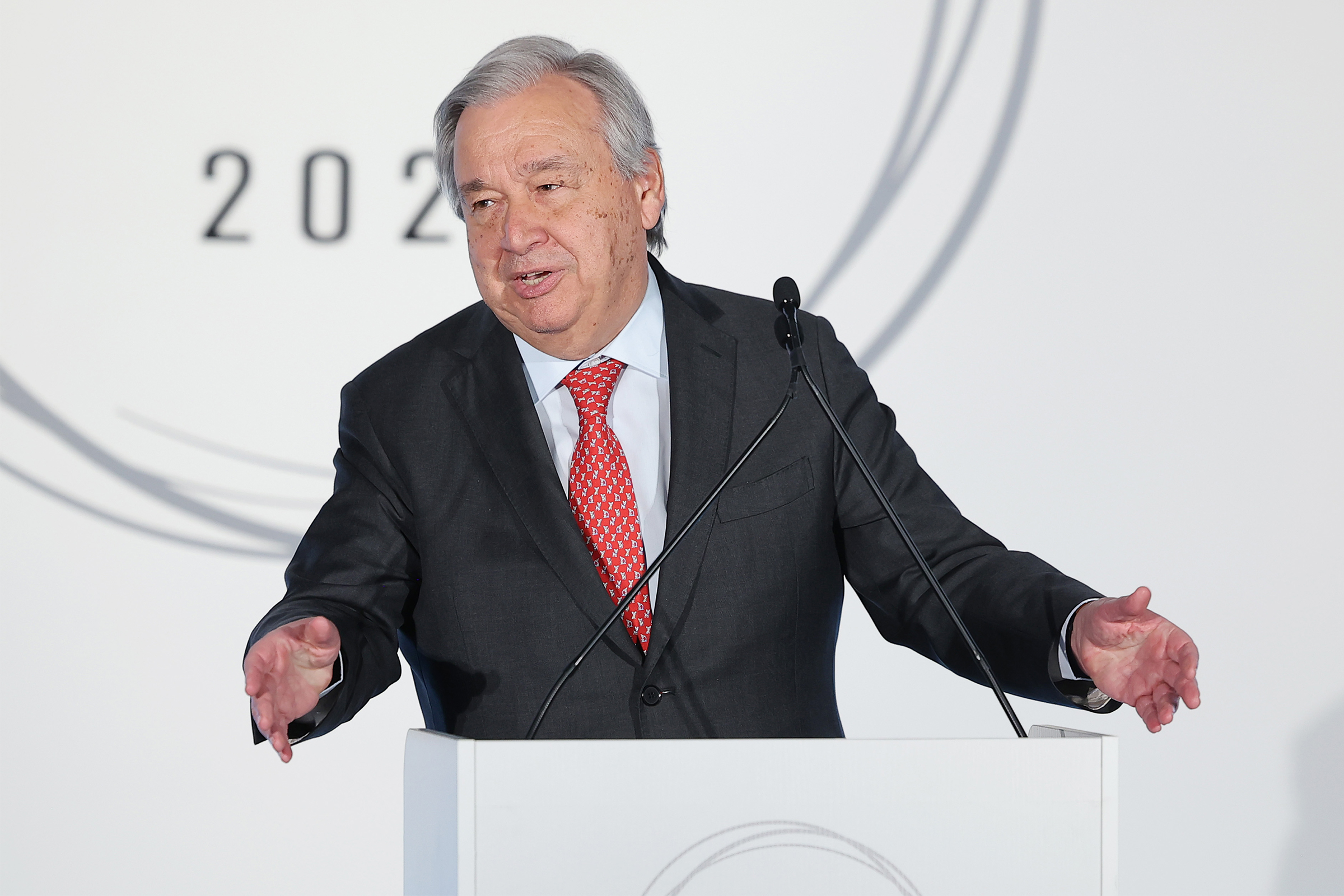 António Guterres speaks onstage during the TIME CO2 Earth Awards Gala at the Mandarin Oriental in New York City on April 25, 2023. (Mike Coppola—Getty Images for TIME)