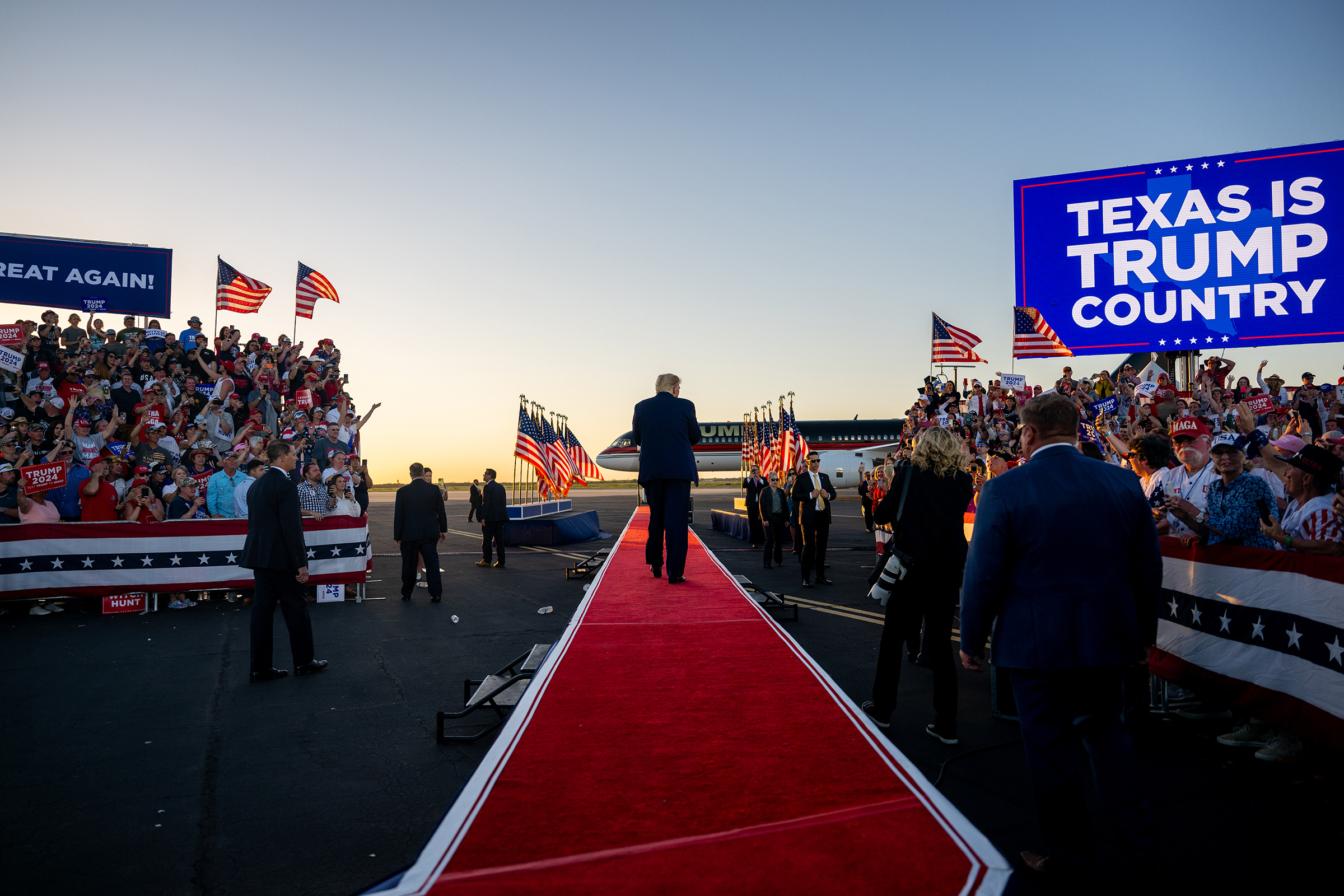 Former U.S. President Donald Trump exits after speaking during a rally at the Waco Regional Airport on March 25 in Waco, Texas. (Brandon Bell—Getty Images)