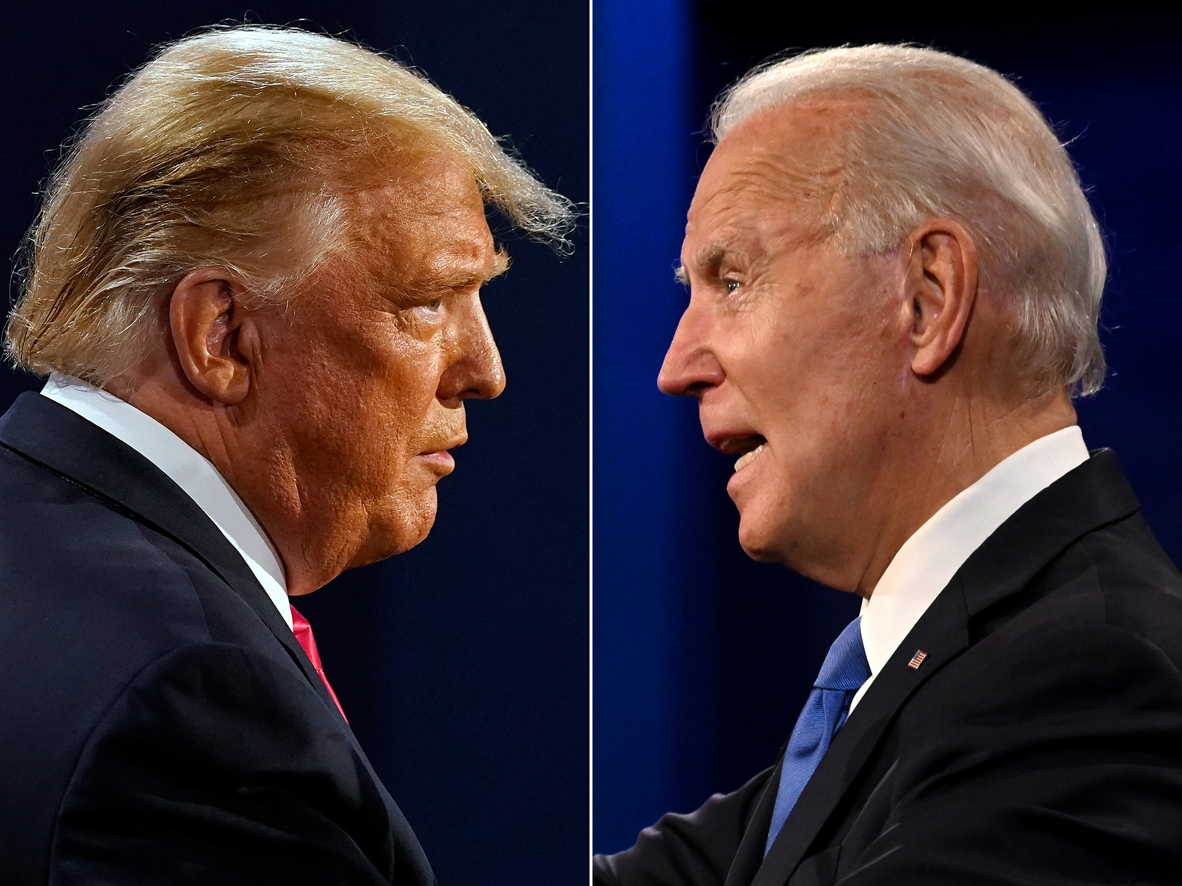 Former Former U.S. President Donald Trump and President Joe Biden during the final presidential debate at Belmont University in Nashville, Tennessee, on October 22, 2020. (Morry Gash—AFP/Getty Images; Jim Watson—AFP/Getty Images)