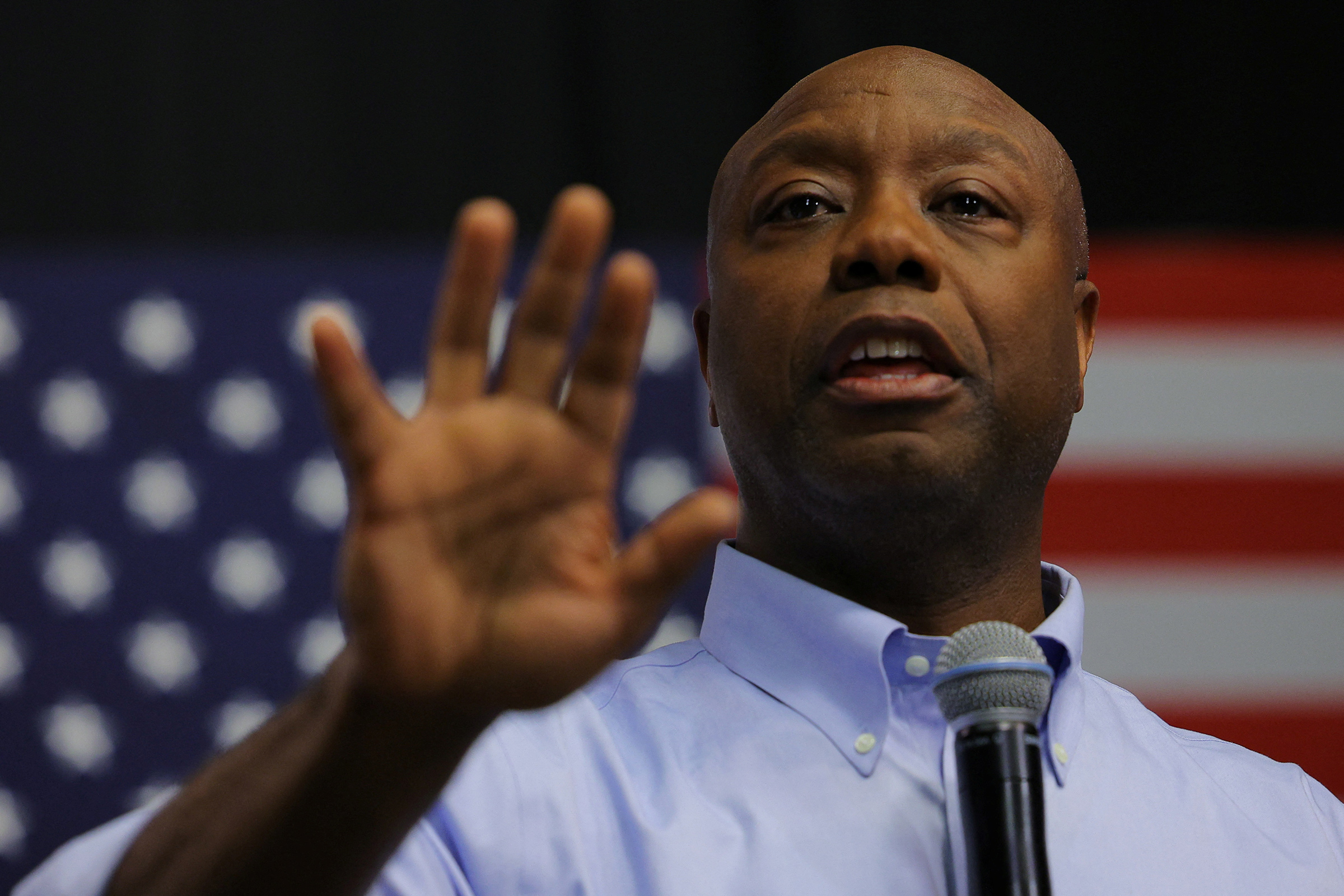 Likely Republican presidential candidate and U.S. Senator Tim Scott speaks at a campaign town hall meeting at the New Hampshire Institute of Politics at Saint Anselm College, in Manchester, New Hampshire, on May 8. (Brian Snyder—Reuters)