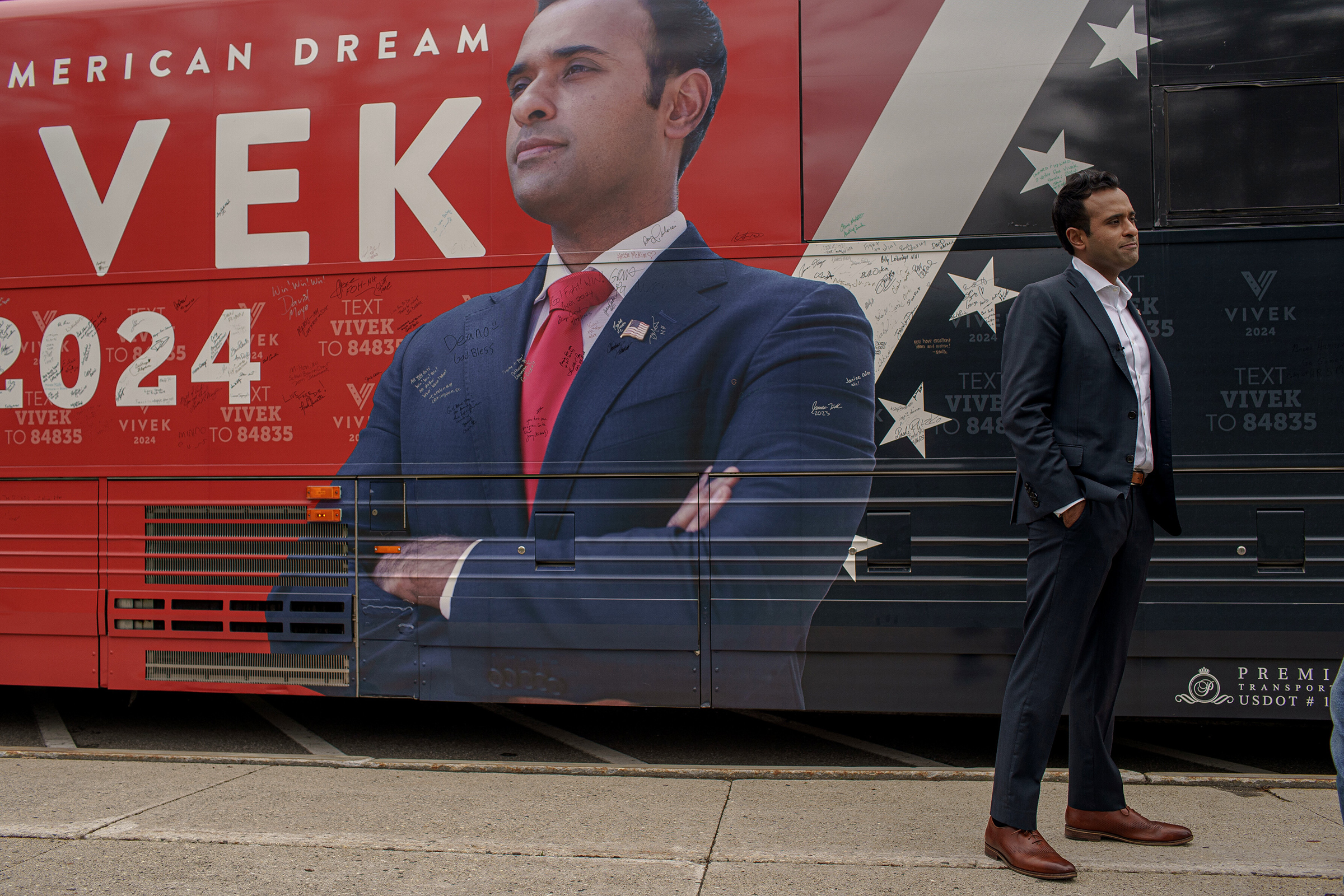 Vivek Ramaswamy, a wealthy 37-year-old entrepreneur, author, and Republican contender for president in 2024, outside his campaign tour bus at the the University of New Hampshire in Durham, N.H., on May 4. (John Tully—The New York Times/Redux)