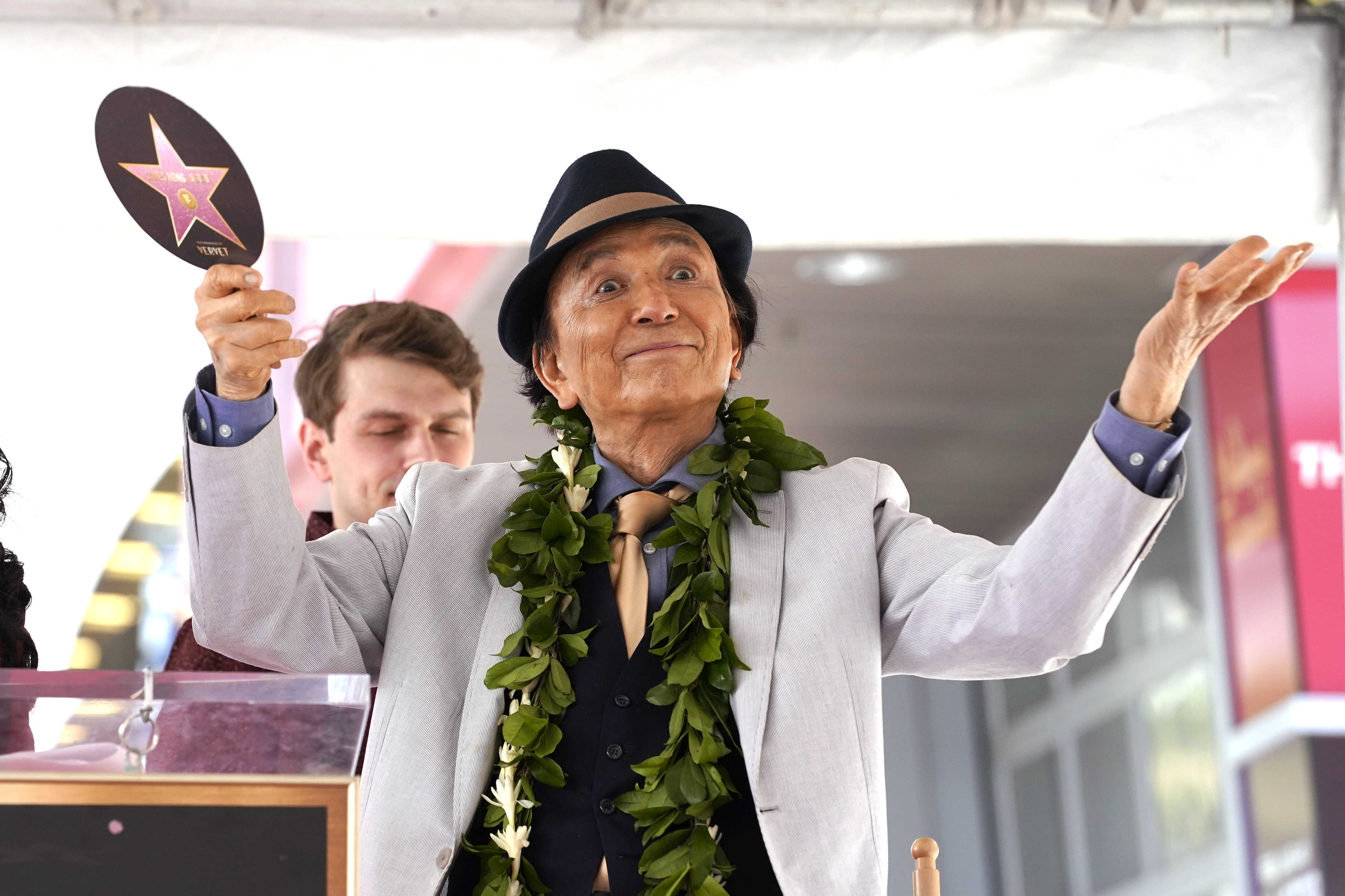 Actor James Hong gestures at a ceremony honoring him. (Mark J. Terrill—AP Photo)