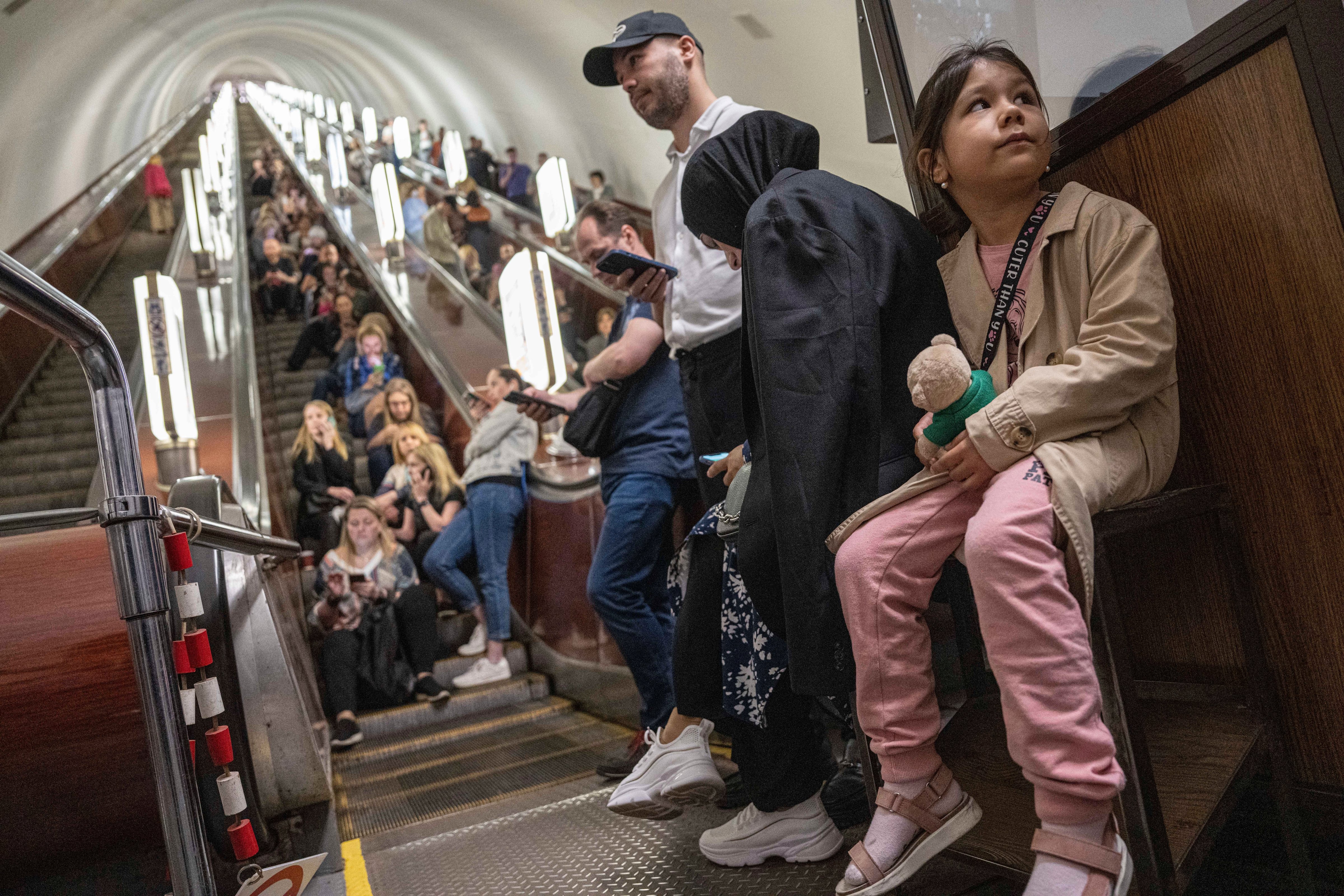 People take cover at metro station during a Russian rocket attack in Kyiv, Ukraine, Monday, May 29, 2023. (Evgeniy Maloletka—AP Photo)