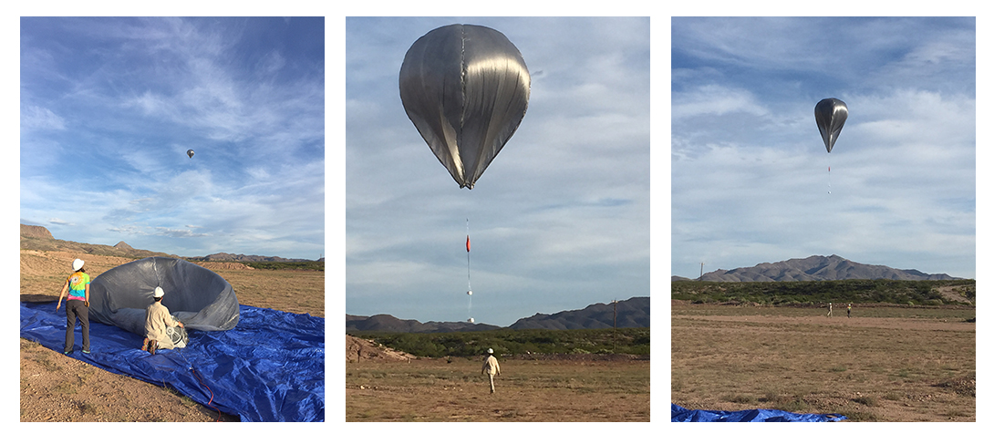 Researchs inflate a solar hot air balloon equipped with with an infrasound microbarometer.