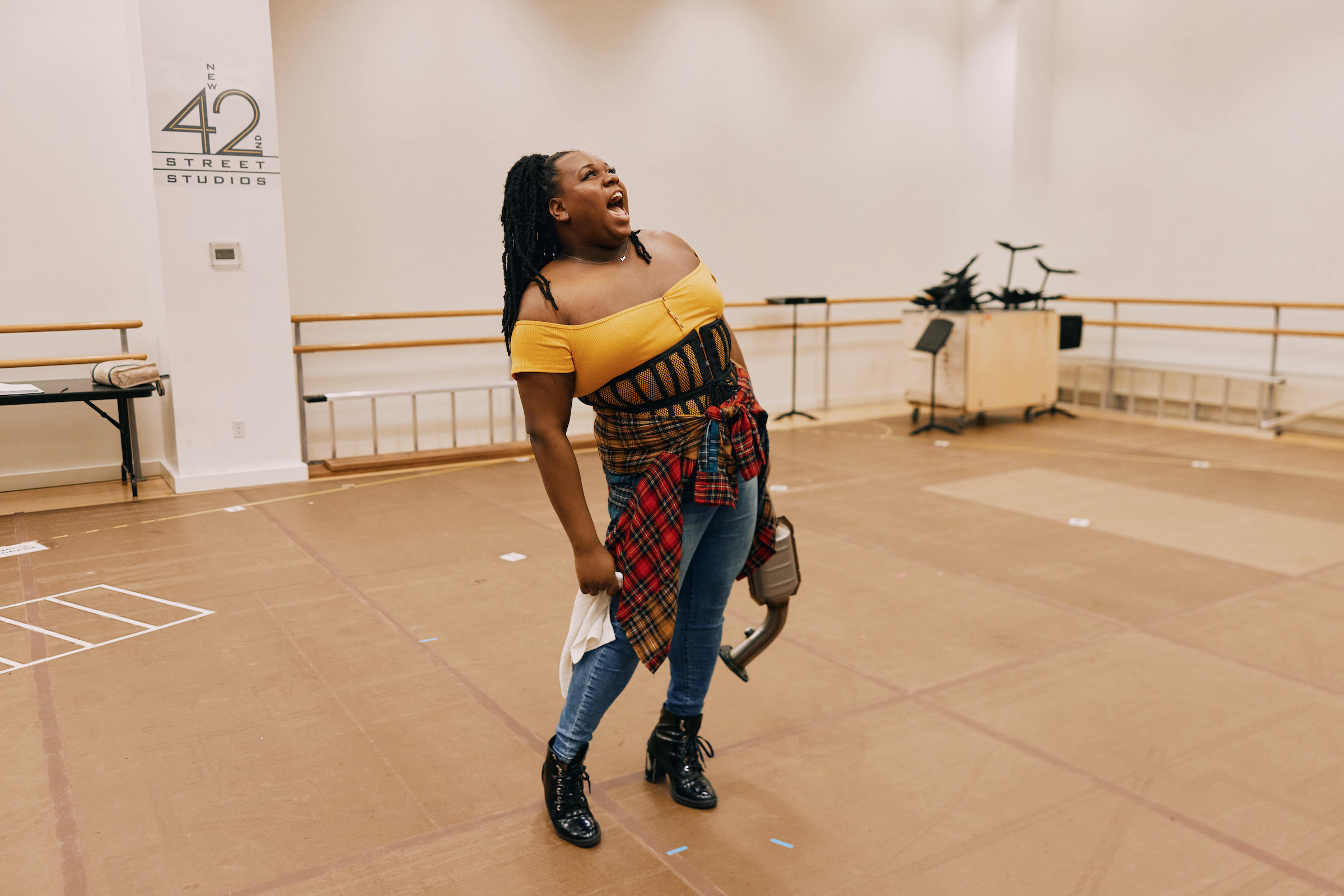 Alex Newell belts during rehearsal for 'Shucked' at a studio space in midtown Manhattan. ('Shucked'—Emilio Madrid)