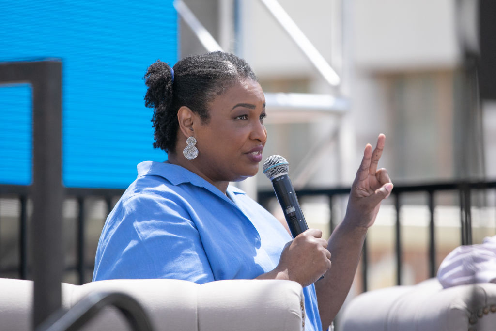 Stacey Abrams speaking at the 43rd annual LA Times Festival of Books on Sunday, April 23, 2023 in Los Angeles, CA. (Jason Armond—Los Angeles Times/Getty Images)