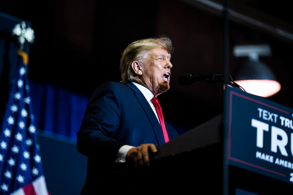 Former President Donald Trump speaks at a campaign event at the DoubleTree Manchester Downtown on April 27, 2023, in Manchester, NH. (Jabin Botsford—The Washington Post via Getty Images)