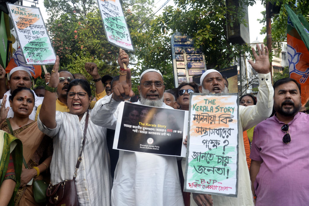 Bharatiya Janata Party activists take part in a demonstration against the West Bengal Government decision to ban "The Kerala Story" on May 11, 2023. (Saikat Paul—Eyepix Group/Future Publishing/ Getty Images)
