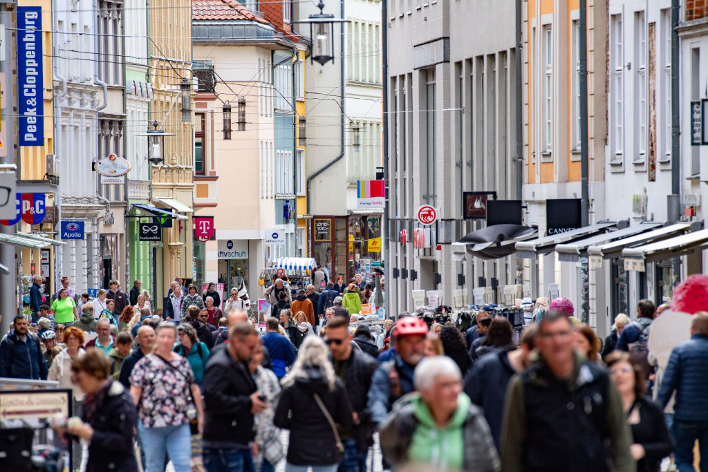A shopping street in Mecklenburg-Western Pomerania, Stralsund on 20 May 2023 (Stefan Sauer—picture alliance/Getty Images)