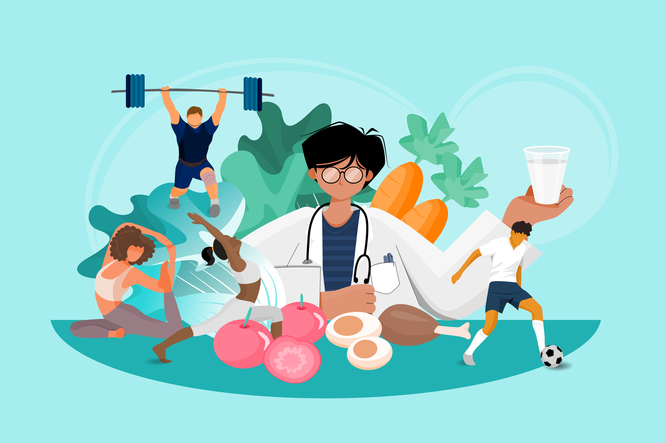 Healthcare and medicine illustration concept shows the doctor advising how to be a healthy person by referring exercise and eating good food regularly.