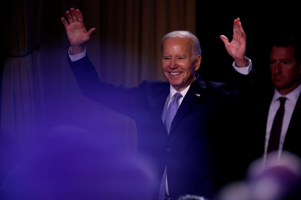 President Joe Biden, hours after formally launching his re-election bid, addresses an event hosted by h the North America's Building Trades Unions at the Washington Hilton on April 25, 2023 in Washington, DC. (Chip Somodevilla—Getty Images)