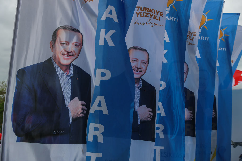 Posters Turkish President and People's Alliance's presidential candidate Recep Tayyip Erdogan waves on May 10, 2023 in Istanbul, Turkey. On May 14th, Turkey's President Erdogan will face his biggest electoral test as the country goes to the polls in the countrys general election. Erdogan has been in power for more than two decades first as prime minister, than as president but his popularity has recently taken a hit due to Turkey's ongoing economic crisis and his government's handling of series of devastating earthquakes that struck the country's southeast in early February, killing more than 50,000 people. (Aziz Karimov/Getty Images)
