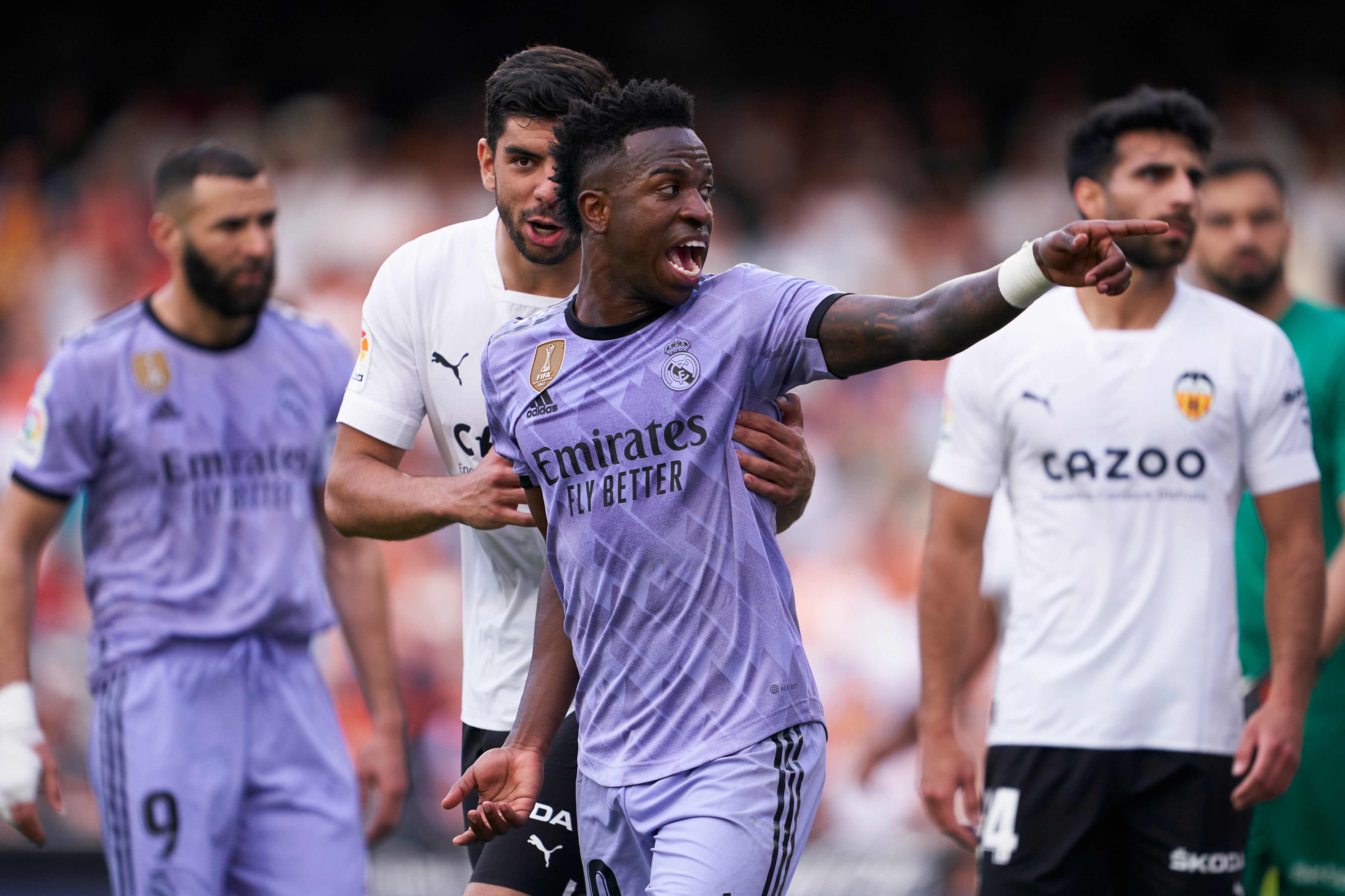 Vinicius Junior of Real Madrid points to crowd during the LaLiga Santander match between Valencia CF and Real Madrid CF at Estadio Mestalla on May 21, 2023 in Valencia, Spain. (Mateo Villalba/Quality Sport Images—Getty Images))