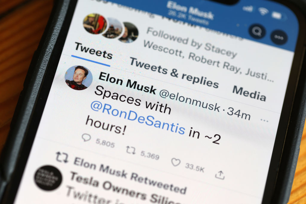 Twitter owner Elon Musk promoting a Twitter Spaces event with Florida Governor Ron DeSantis on May 24, 2023 (Photo illustration by Scott Olson—Getty Images)