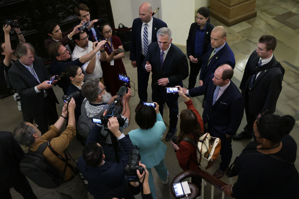 House Speaker Kevin McCarthy speaks to members of the press as he arrives at the U.S. Capitol on May 31, 2023 in Washington, DC (Alex Wong—Getty Images)
