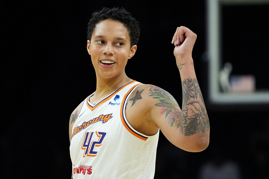 Phoenix Mercury center Brittney Griner smiles during the first half of a WNBA preseason basketball game against the Los Angeles Sparks, in Phoenix, Az. on, May 12, 2023. (Matt York—AP)