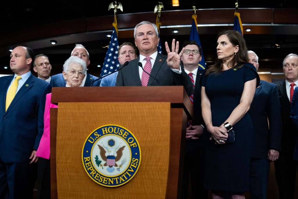 UNITED STATES - MAY 10: Rep. James Comer, R-Ky., chairman of the House Oversight and Accountability Committee, conducts a news conference on the investigation into the Biden family's "influence peddling to enrich themselves," in the Capitol Visitor Center on Wednesday, May 10, 2023. (Tom Williams—CQ-Roll Call, Inc via Getty Images)