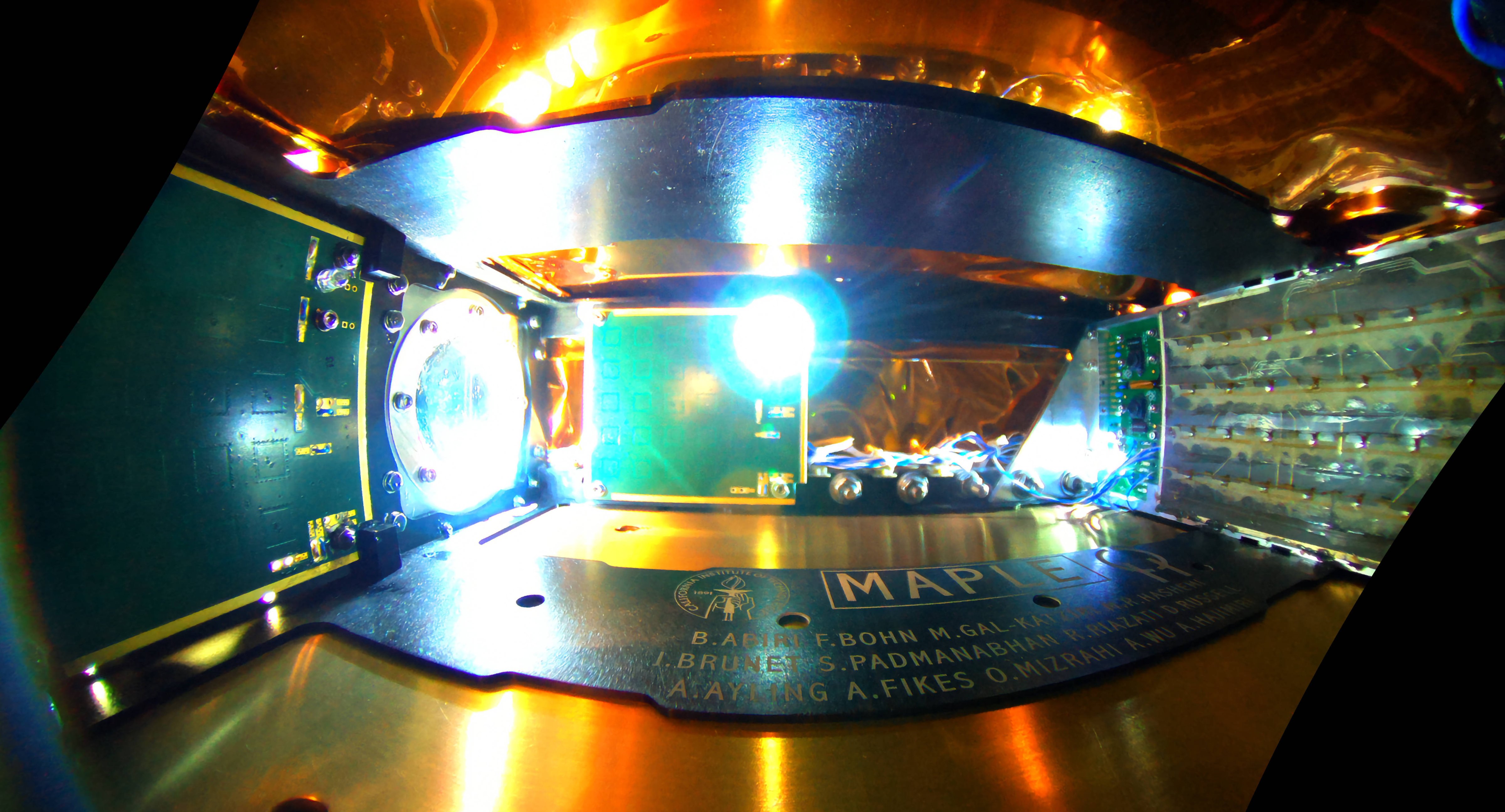 The inside of the spacecraft's power transfer test system, known as MAPLE (Microwave Array for Power-transfer Low-orbit Experiment) (Courtesy of Caltech)